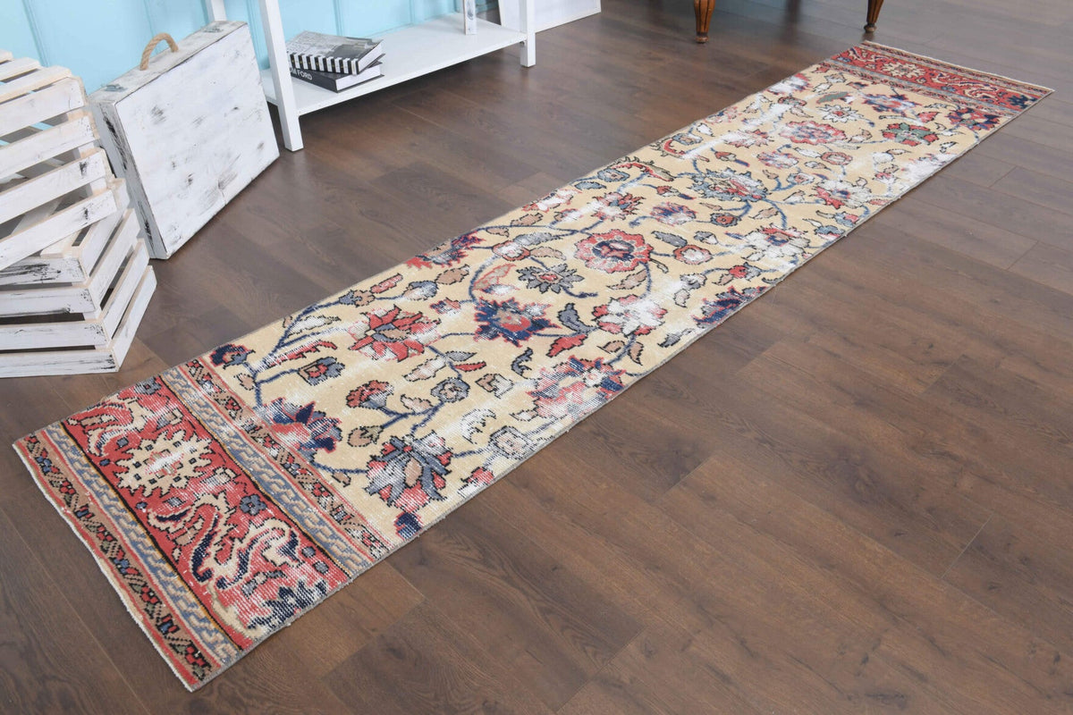 El yapımı vintage yolluk 66x305 cm çiçek desenli desenli yün - kenar ve saçak detayı