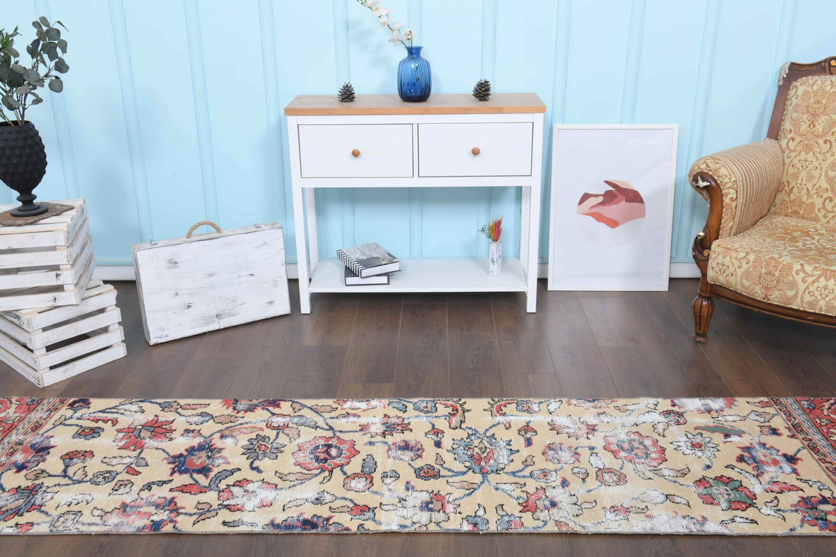 El yapımı vintage yolluk 66x305 cm çiçek desenli desenli yün - mekan görünümü