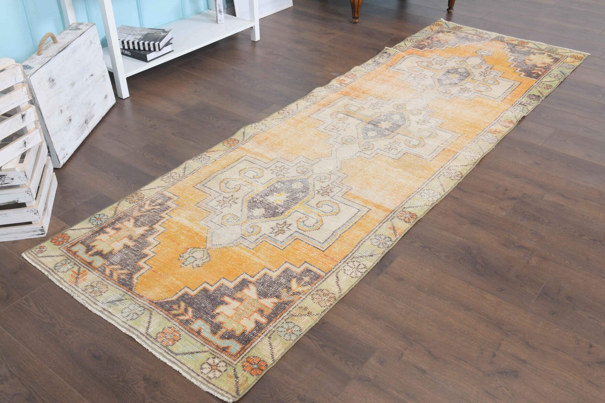 El yapımı vintage yolluk 91x287 cm oryantal desenli yün - yakın çekim doku detayı