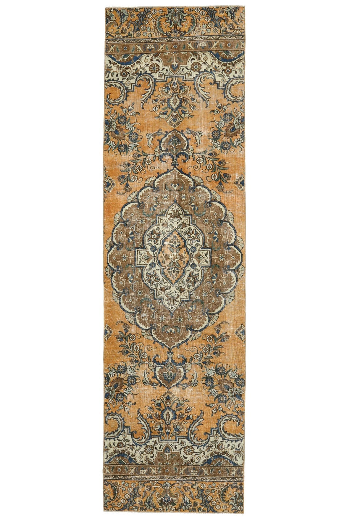 El yapımı vintage yolluk 94x340 cm oryantal desenli yün