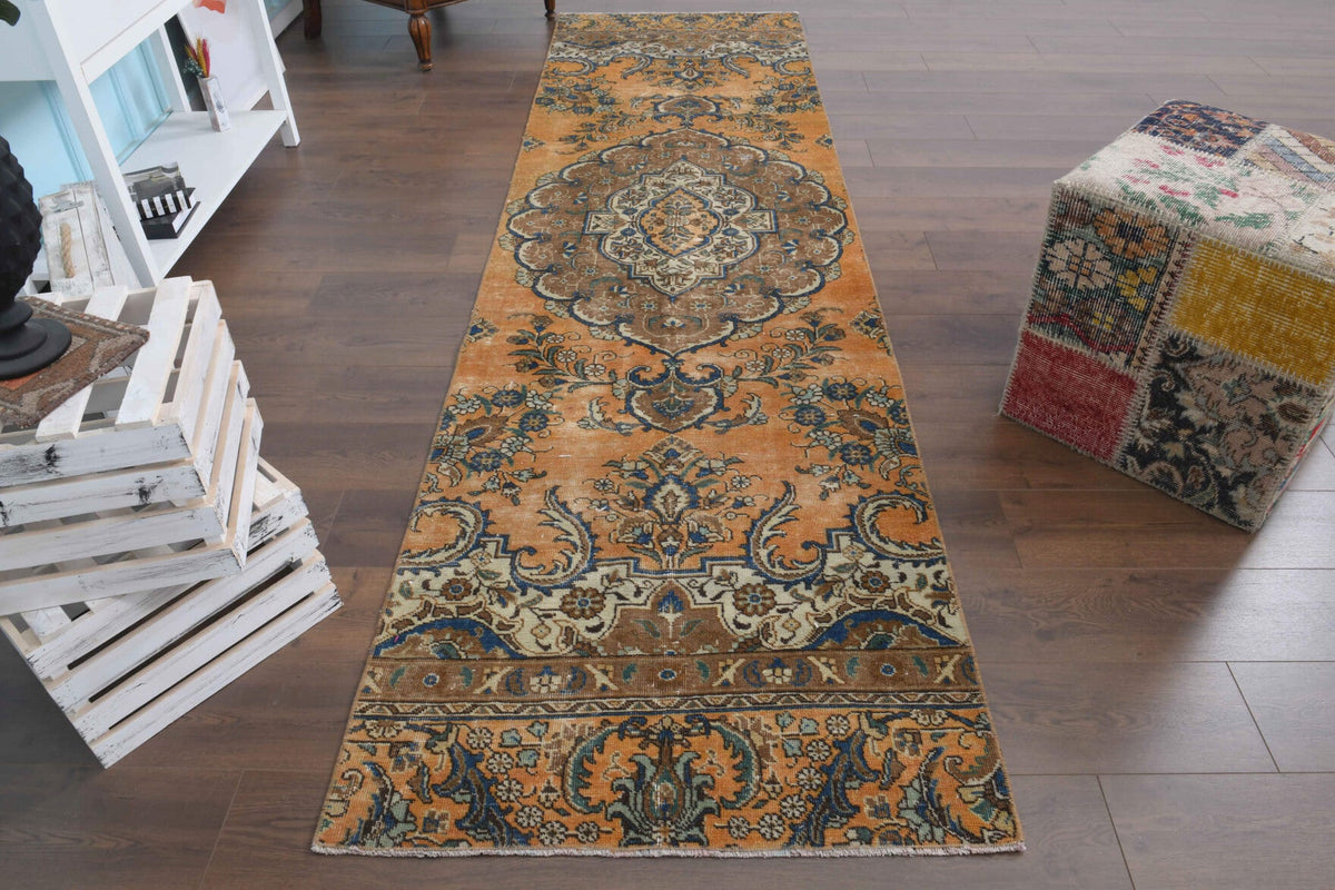 El yapımı vintage yolluk 94x340 cm oryantal desenli yün - yakın çekim doku detayı