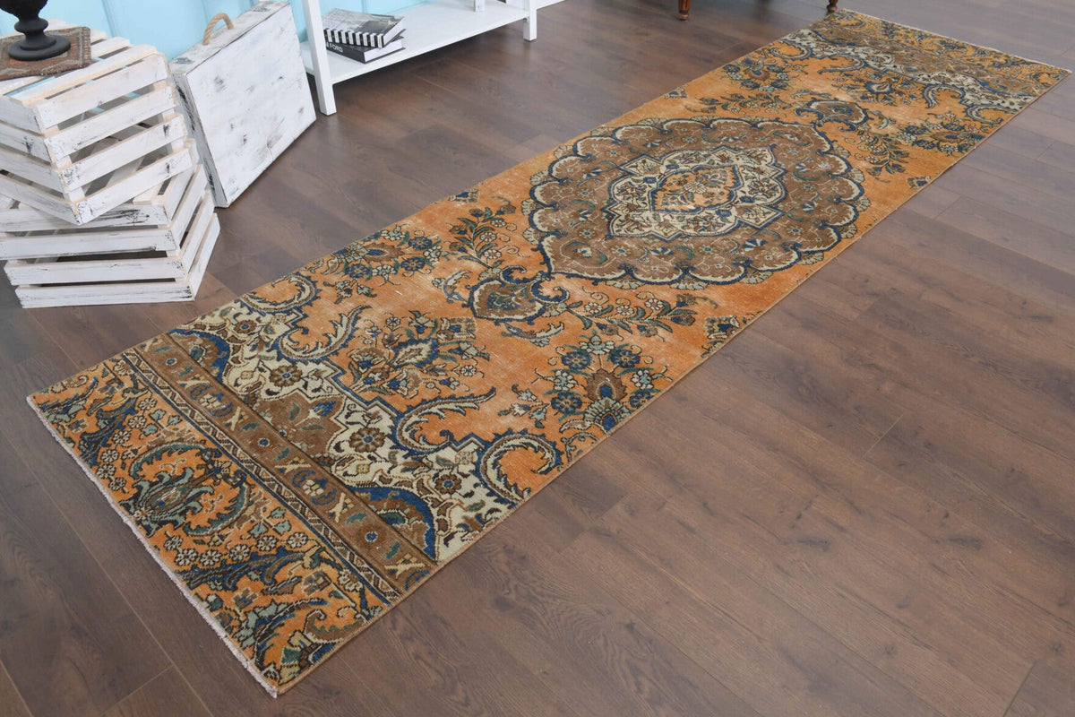 El yapımı vintage yolluk 94x340 cm oryantal desenli yün - kenar ve saçak detayı