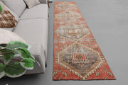 1970'lerden Anadolu kökenli tribal desenli el dokuma vintage yolluk, 91x342 cm