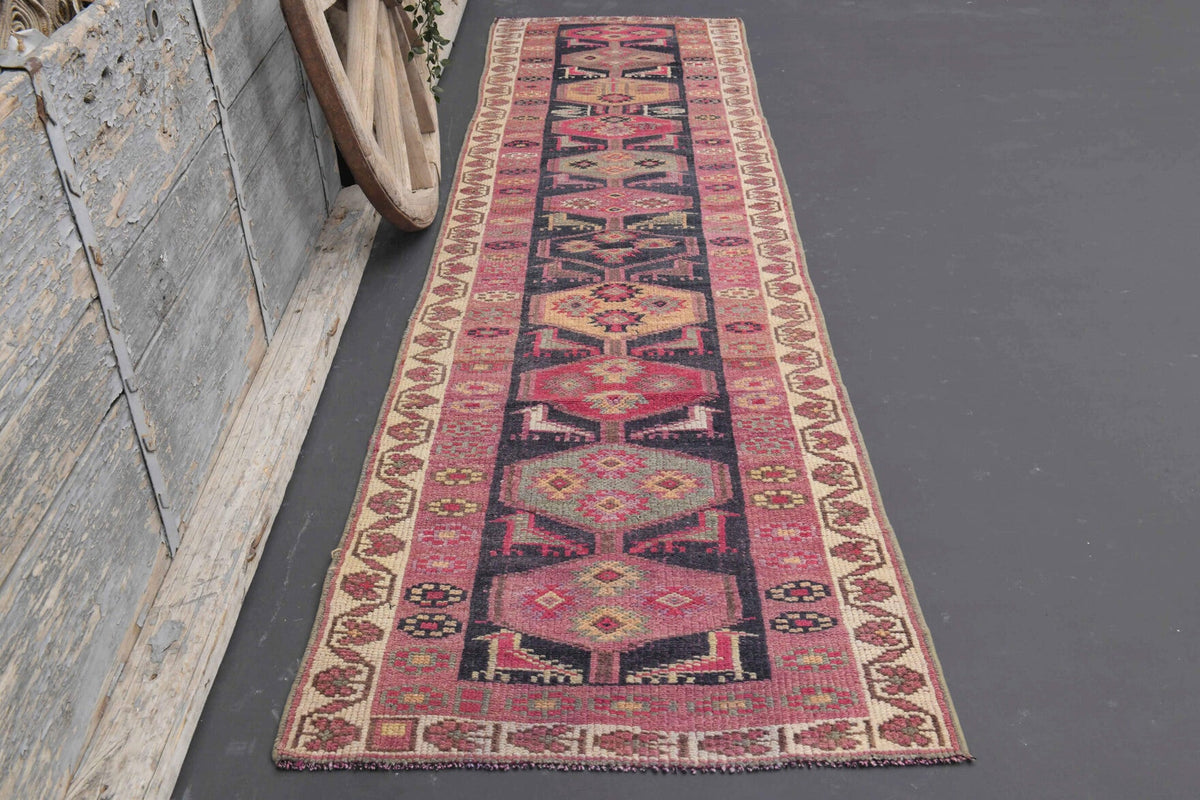 1970'lerden Anadolu kökenli tribal desenli el dokuma vintage yolluk, 86x341 cm
