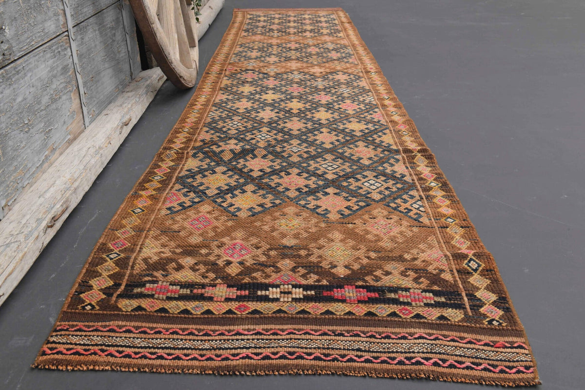 El yapımı vintage yolluk 86x411 cm i̇kat desenli yün - yakın çekim doku detayı