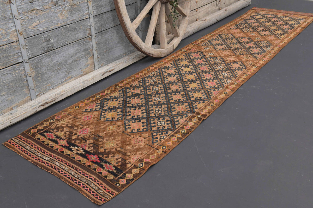El yapımı vintage yolluk 86x411 cm i̇kat desenli yün - kenar ve saçak detayı