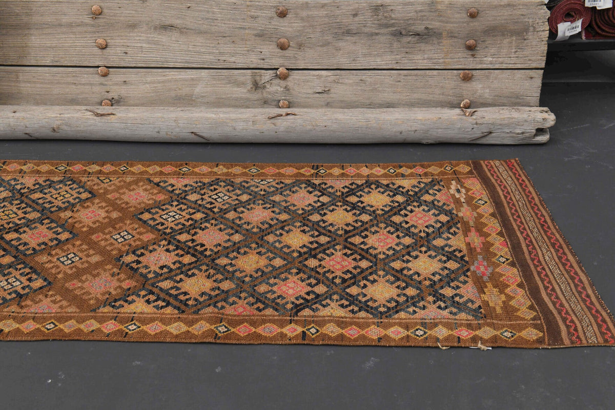 El yapımı vintage yolluk 86x411 cm i̇kat desenli yün - üstten görünüm