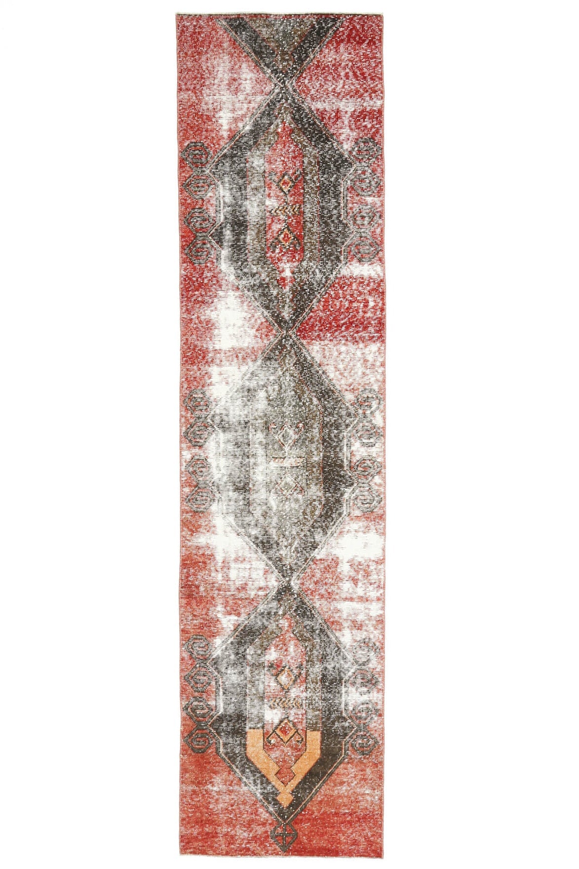 65x270 cm turuncu, pembe ve kahverengi geometrik desenli el dokuma vintage yolluk – üstten tam görünüm
