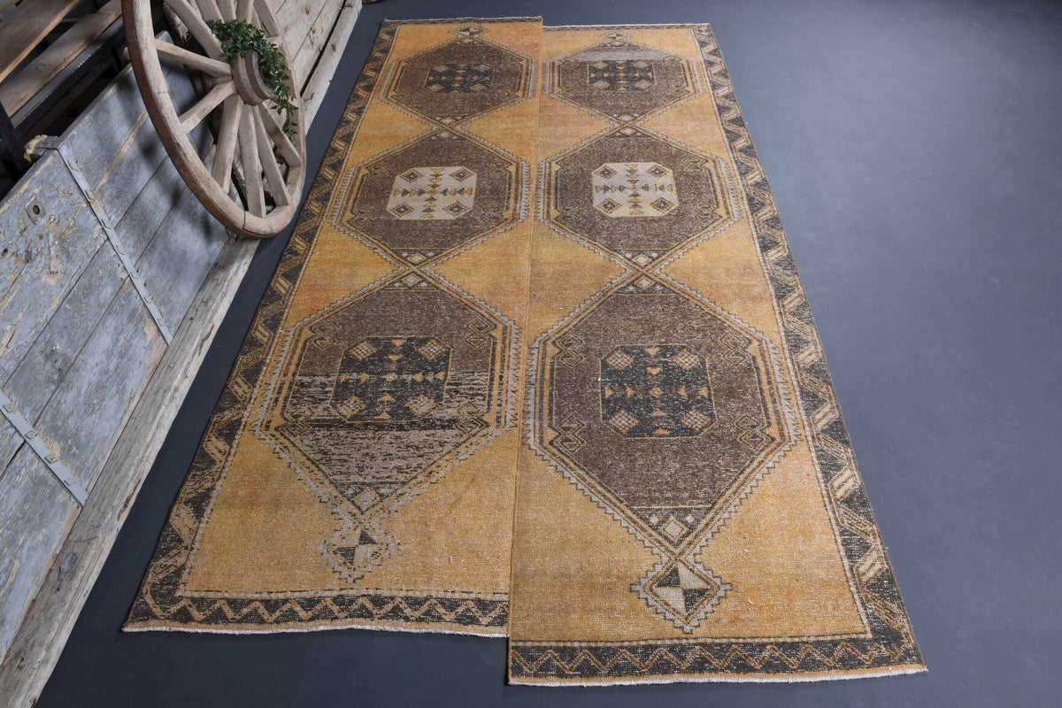 El yapımı vintage halı 198x384 cm dikişli desenli yün