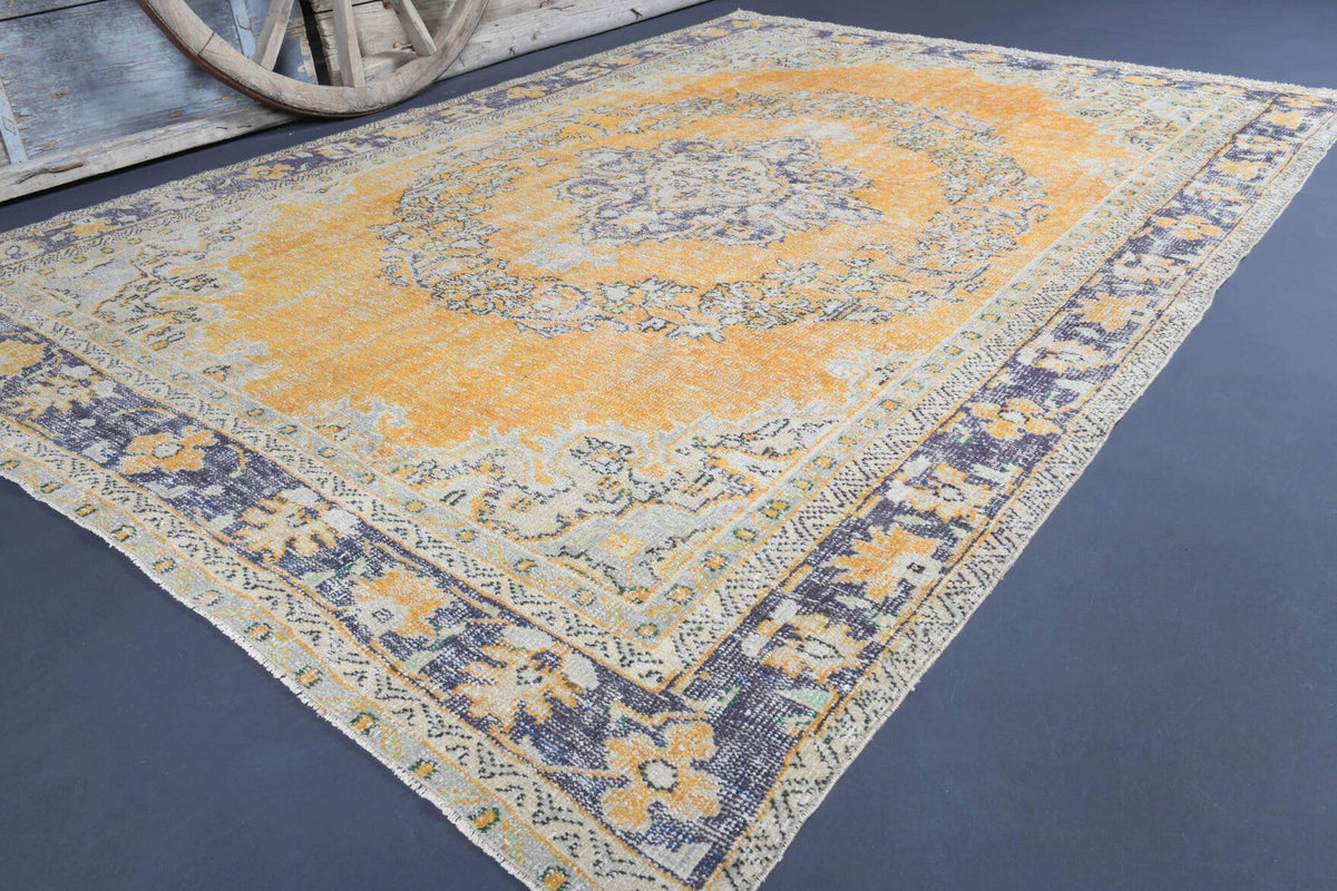 El yapımı vintage halı 213x274 cm oryantal desenli yün - detay görünümü