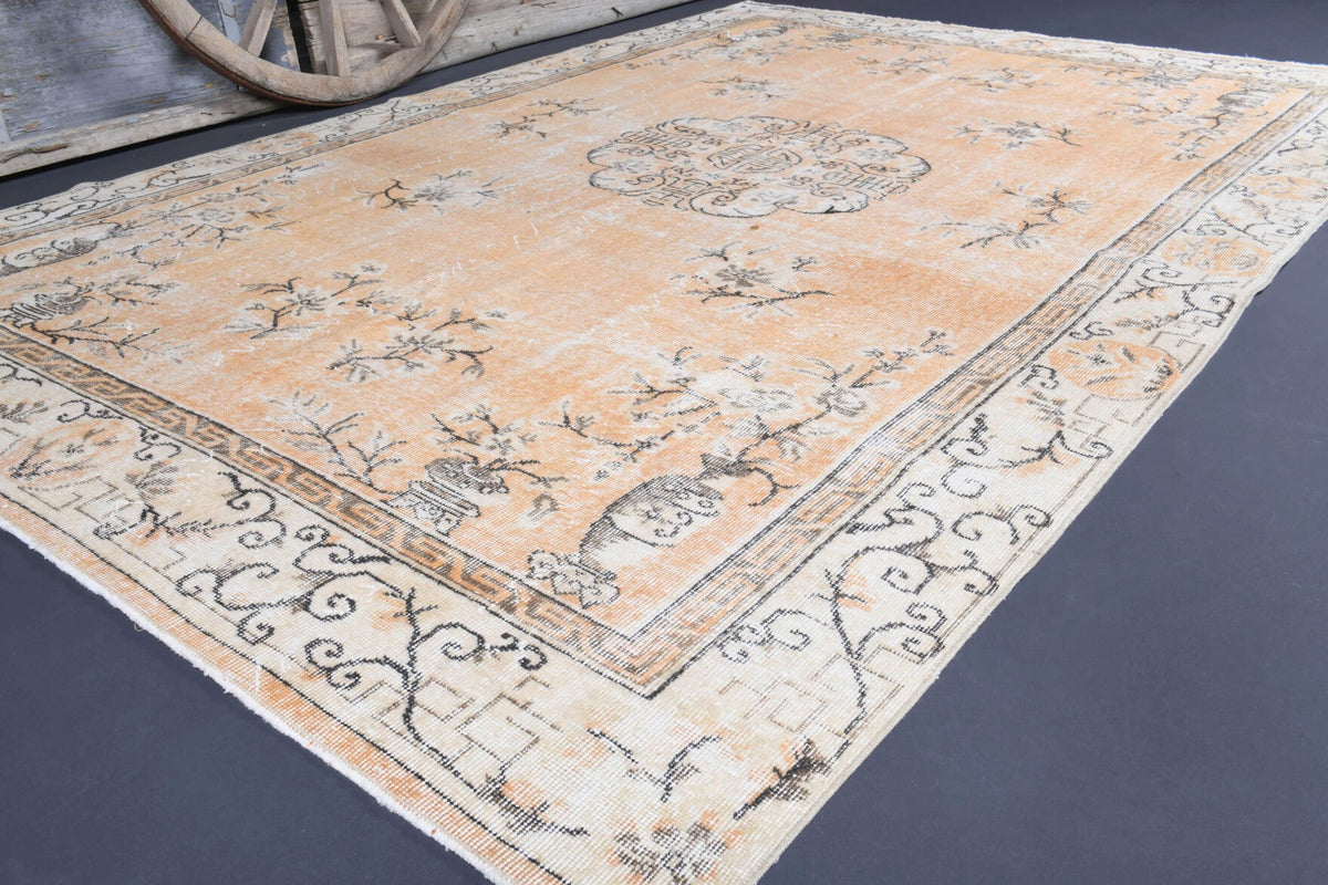 El yapımı vintage halı 218x325 cm oryantal desenli yün - detay görünümü