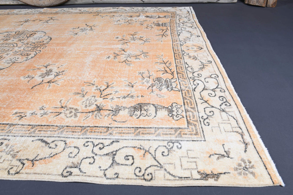 El yapımı vintage halı 218x325 cm oryantal desenli yün - kenar ve saçak detayı