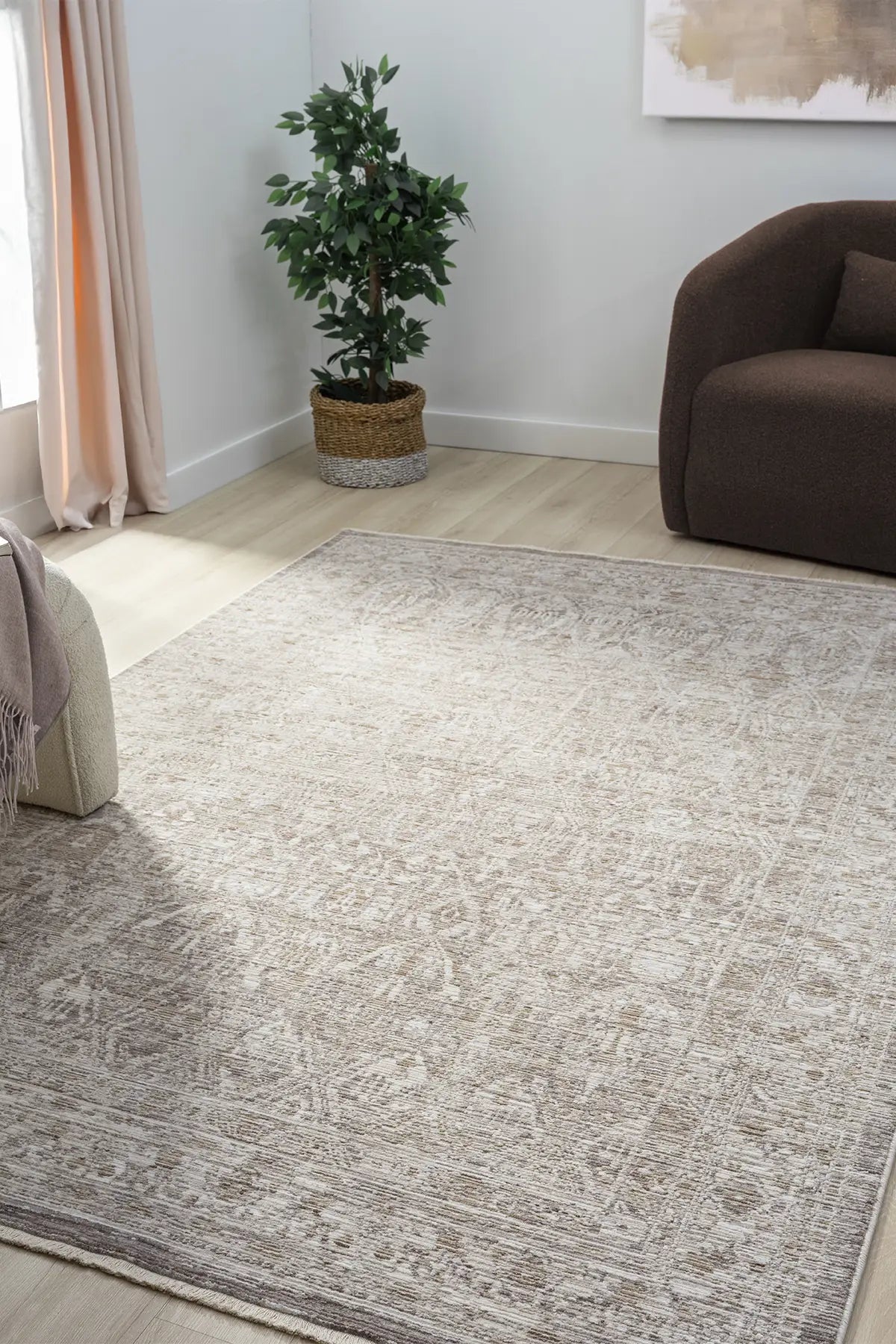 Bej Pastel Çiçekli Vintage Eskitme Halı - 10200BP