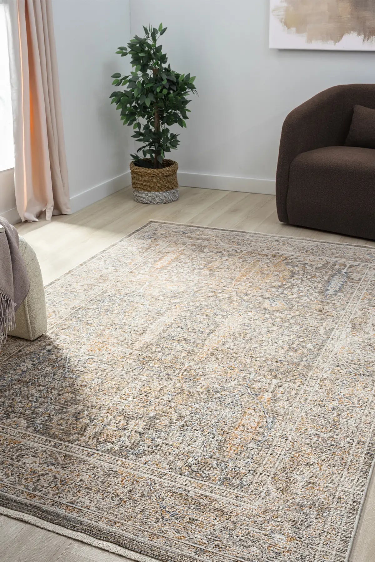 Bej Pastel Çiçekli Vintage Eskitme Halı - 10202BP