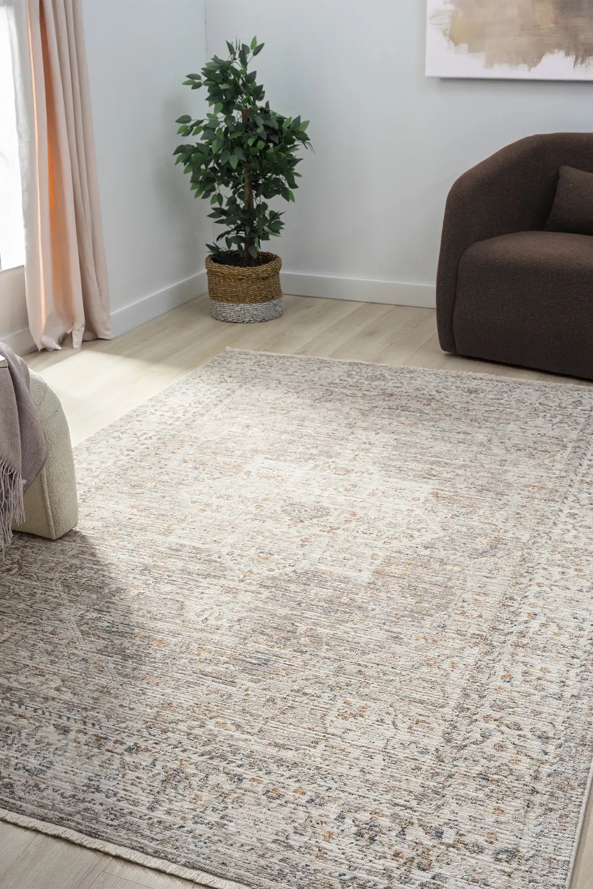 Bej Pastel Çiçekli Vintage Eskitme Halı - 10204BP