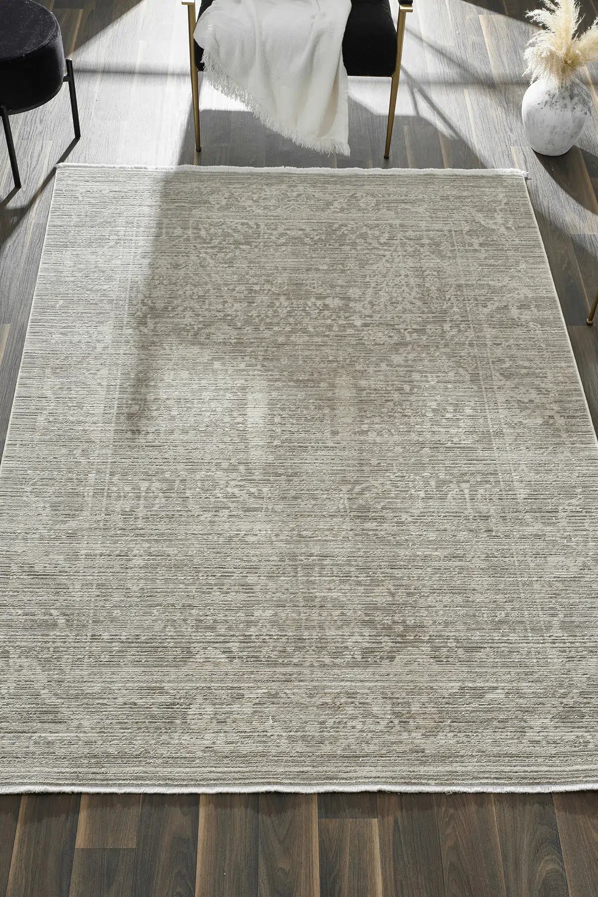 Gri Pastel Çiçekli Vintage Eskitme Halı - 10202GP