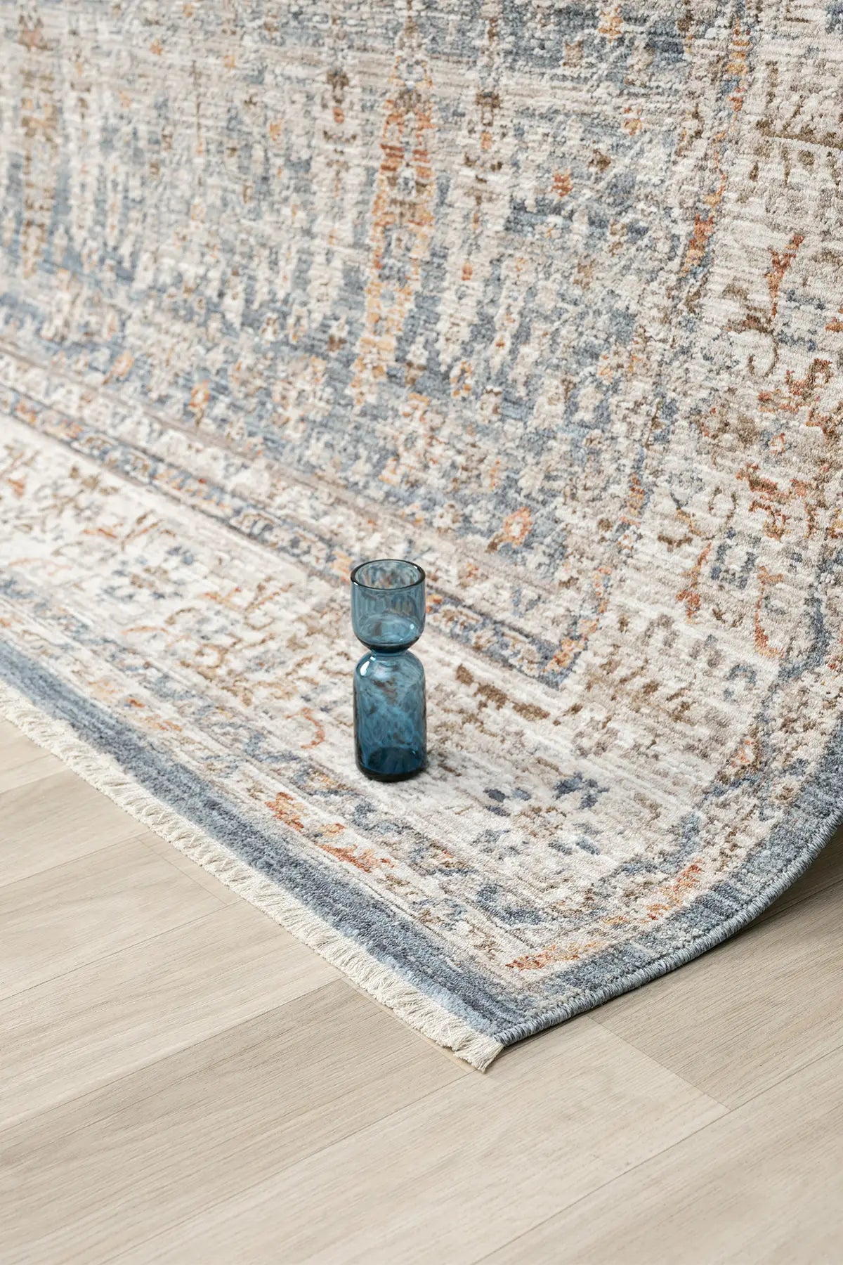Mavi Pastel Çiçekli Vintage Eskitme Halı - 10207MP