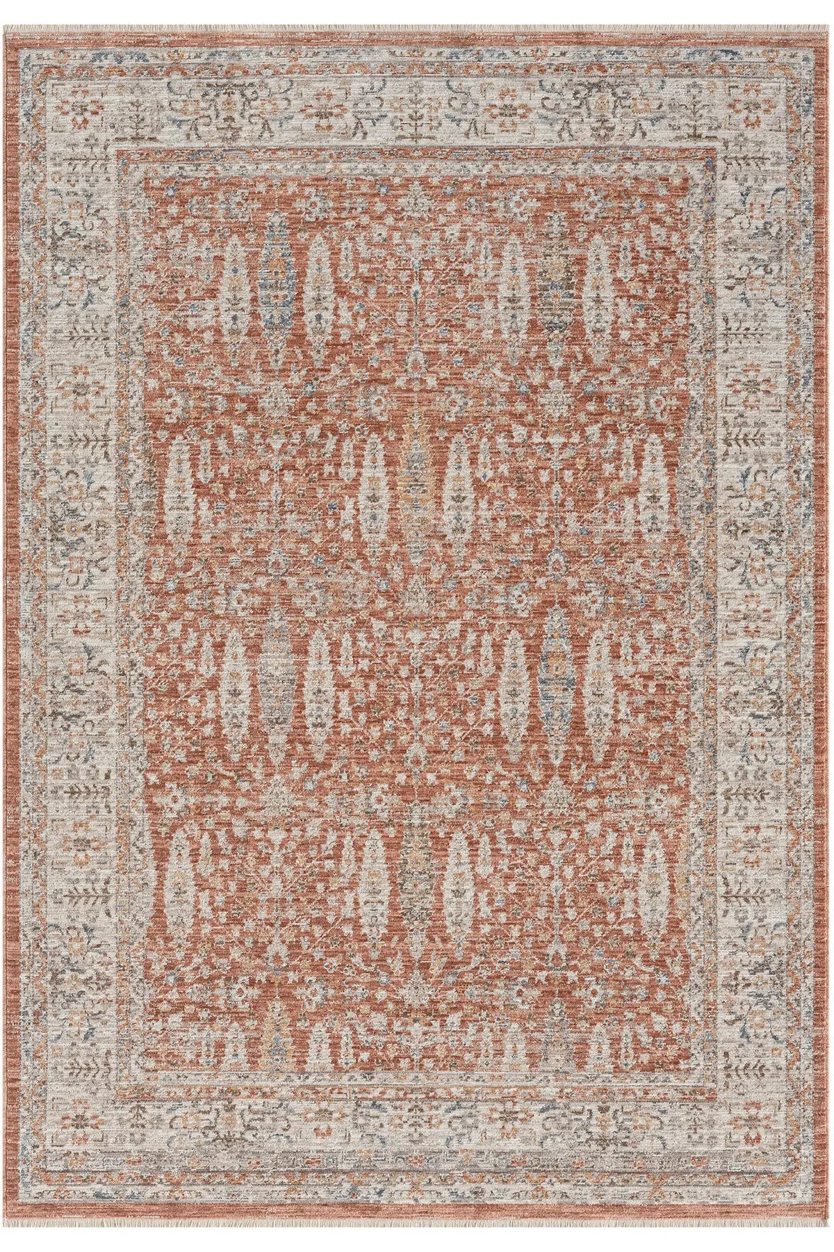Kiremit Pastel Çiçekli Vintage Eskitme Halı - 10207TP