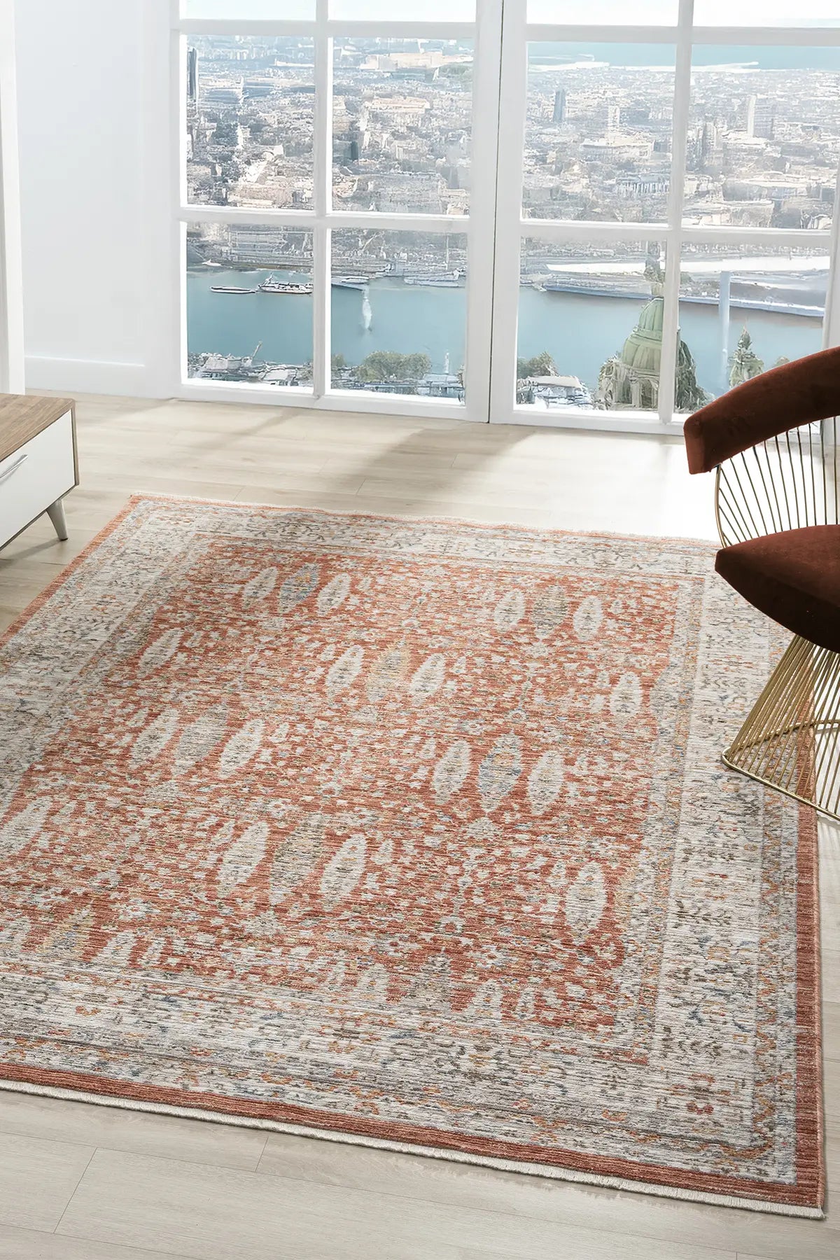 Kiremit Pastel Çiçekli Vintage Eskitme Halı - 10207TP