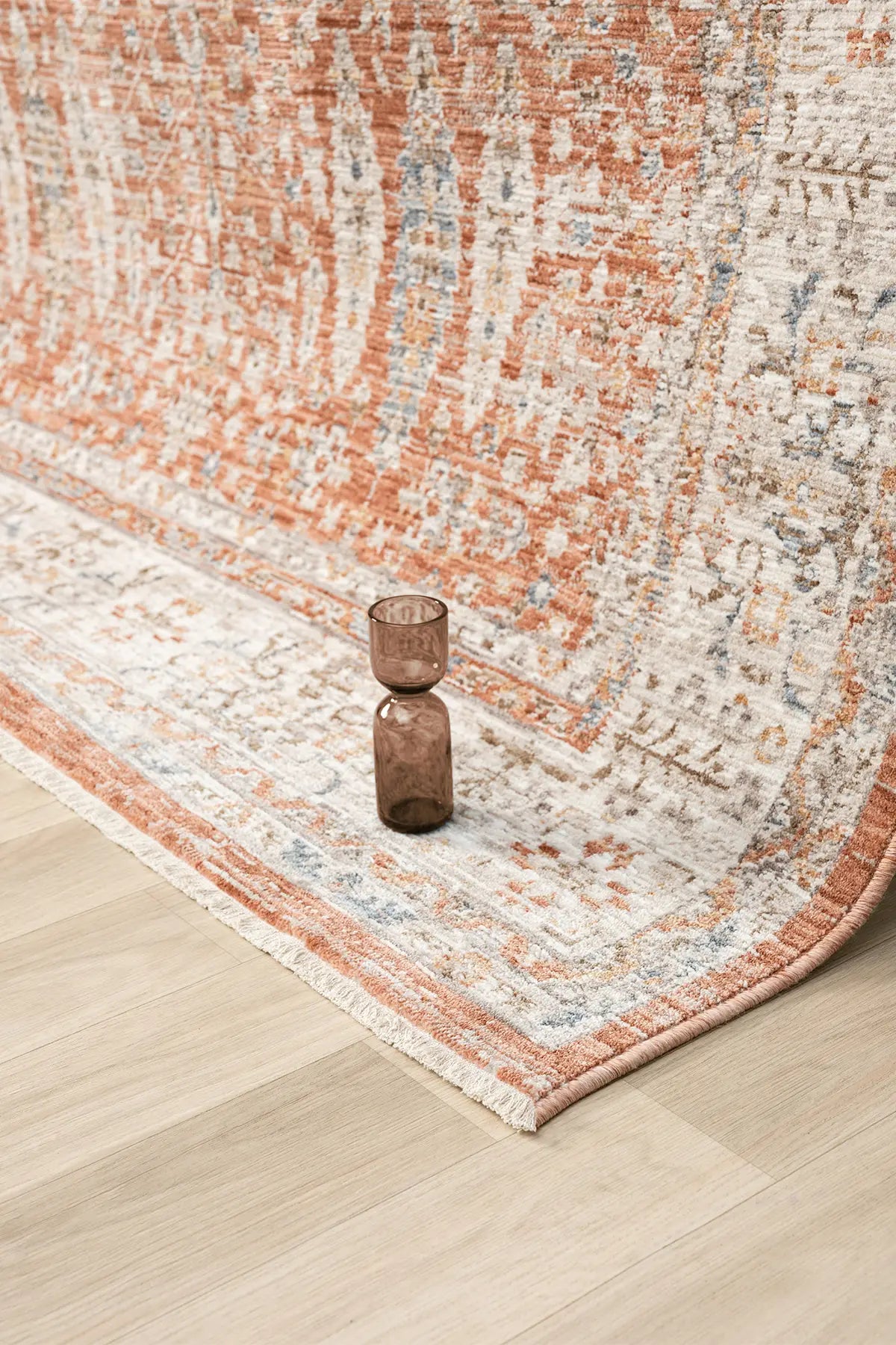 Kiremit Pastel Çiçekli Vintage Eskitme Halı - 10207TP