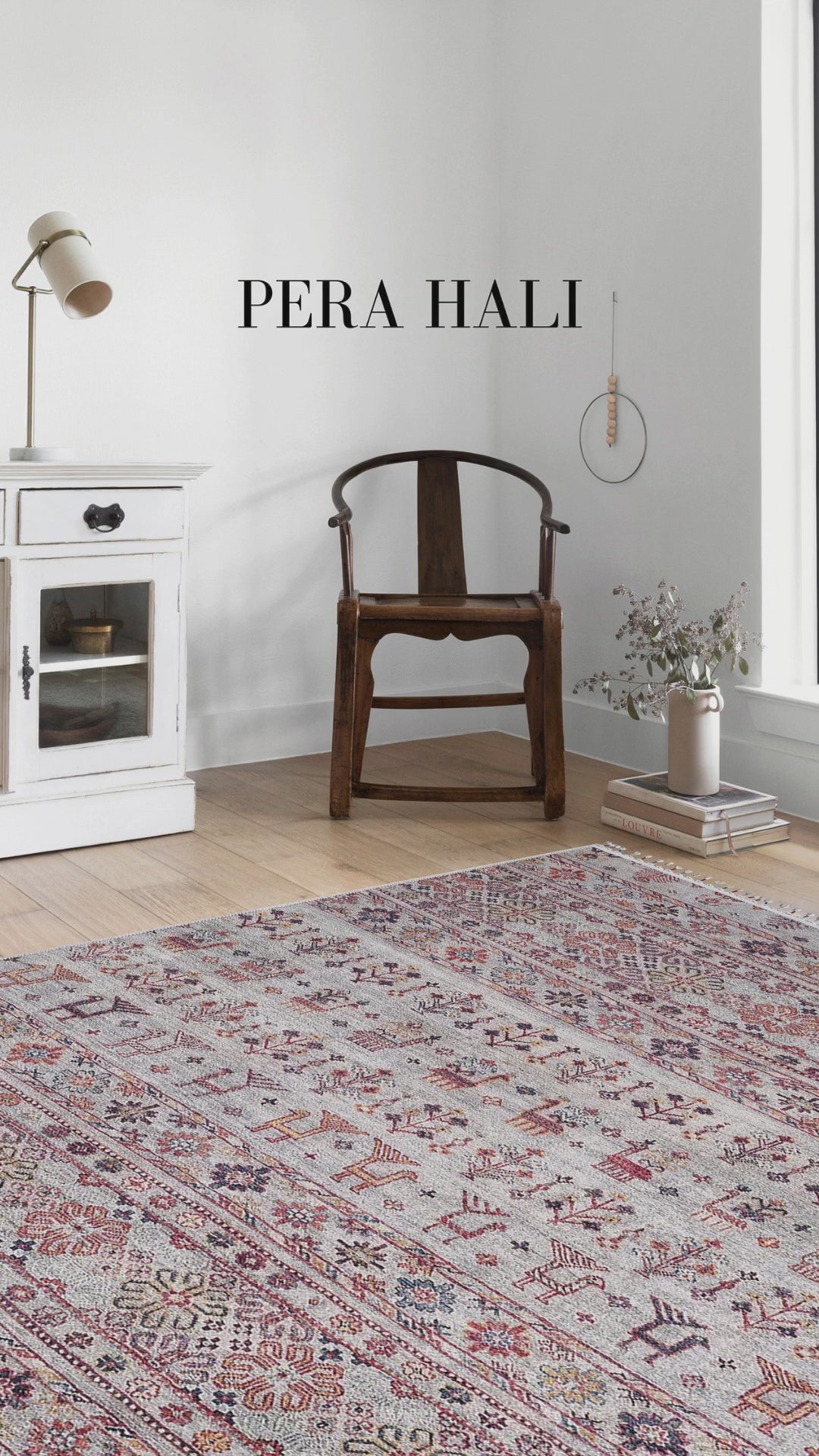 Videoyu yükle: Krem Çok Renkli Etnik Desenli Vintage Kilim Halı