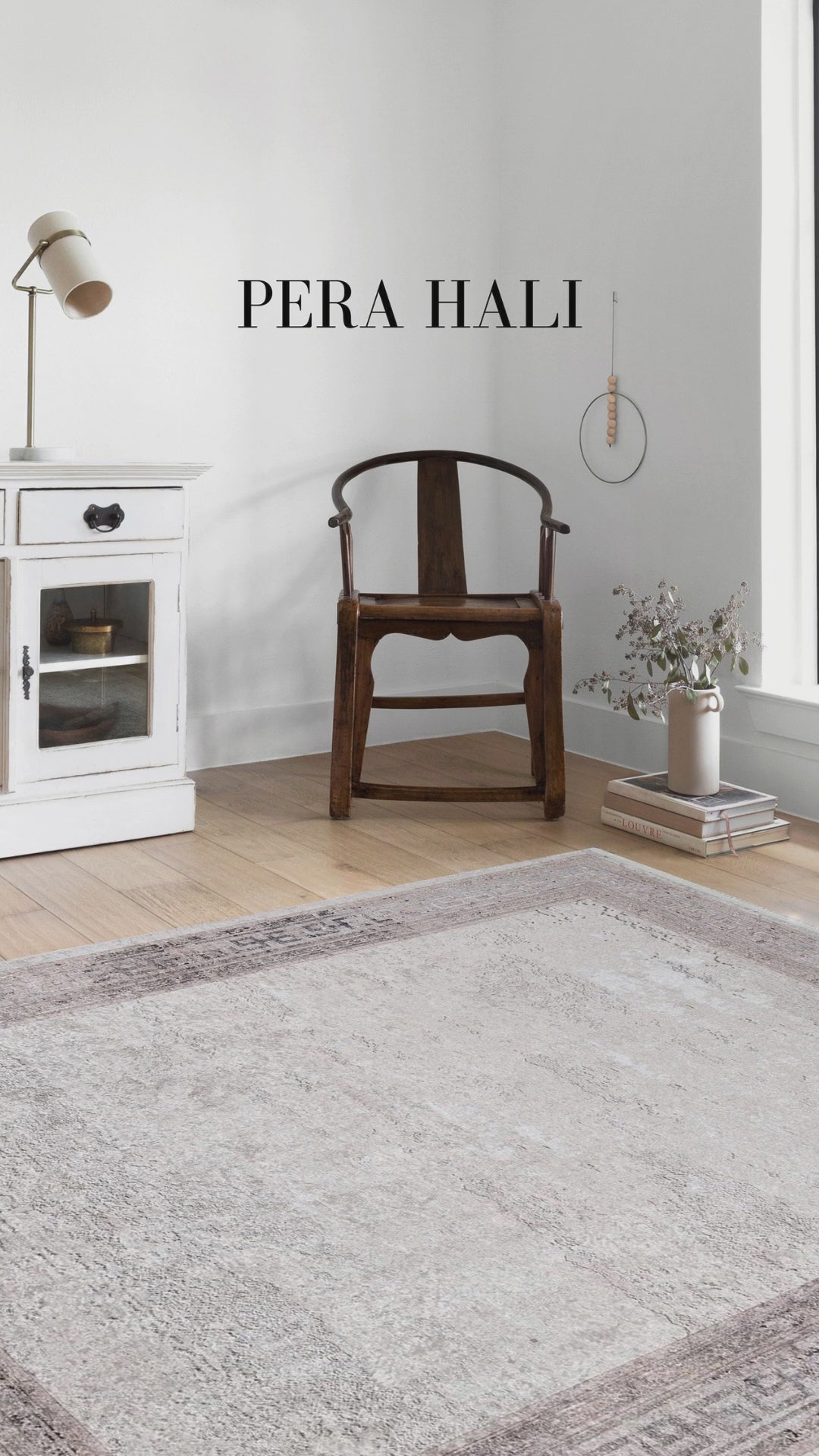 Load video: Geometric Patterned Beige Bordered Marble Carpet - SH1766B