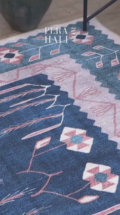 Uşak Blue Red Vintage Kilim Carpet