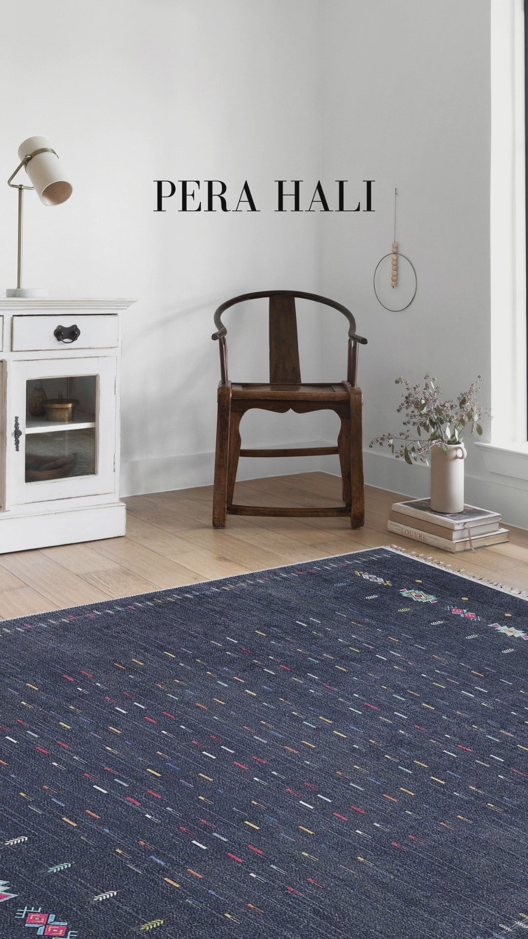 Videoyu yükle: Mavi Çok Renkli Etnik Desenli Modern Kilim Halı