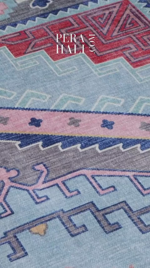 Uşak Blue Red Vintage Kilim Carpet