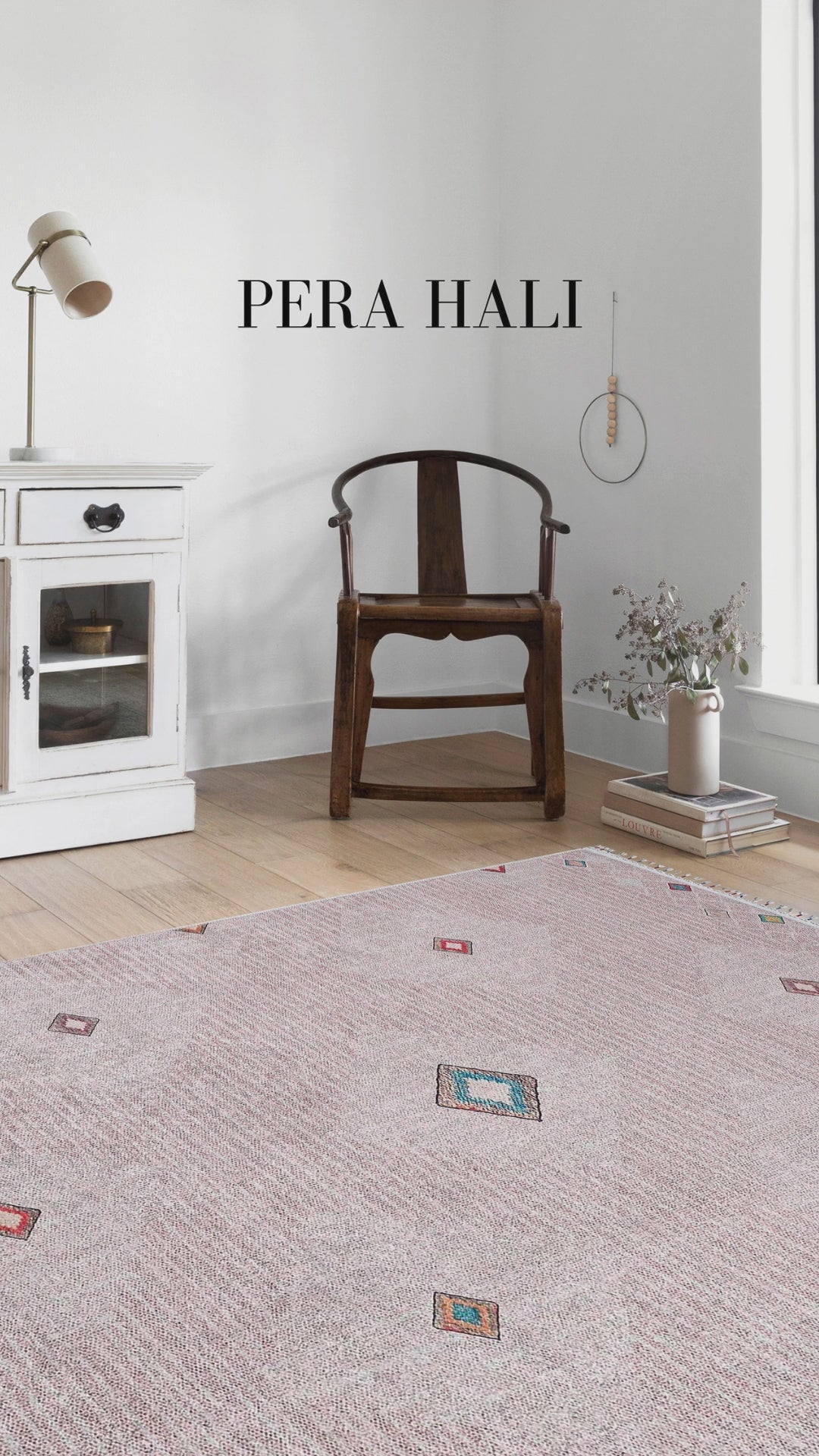 Load video: Pale Pink Cream Beige Geometric Patterned Kilim Rug