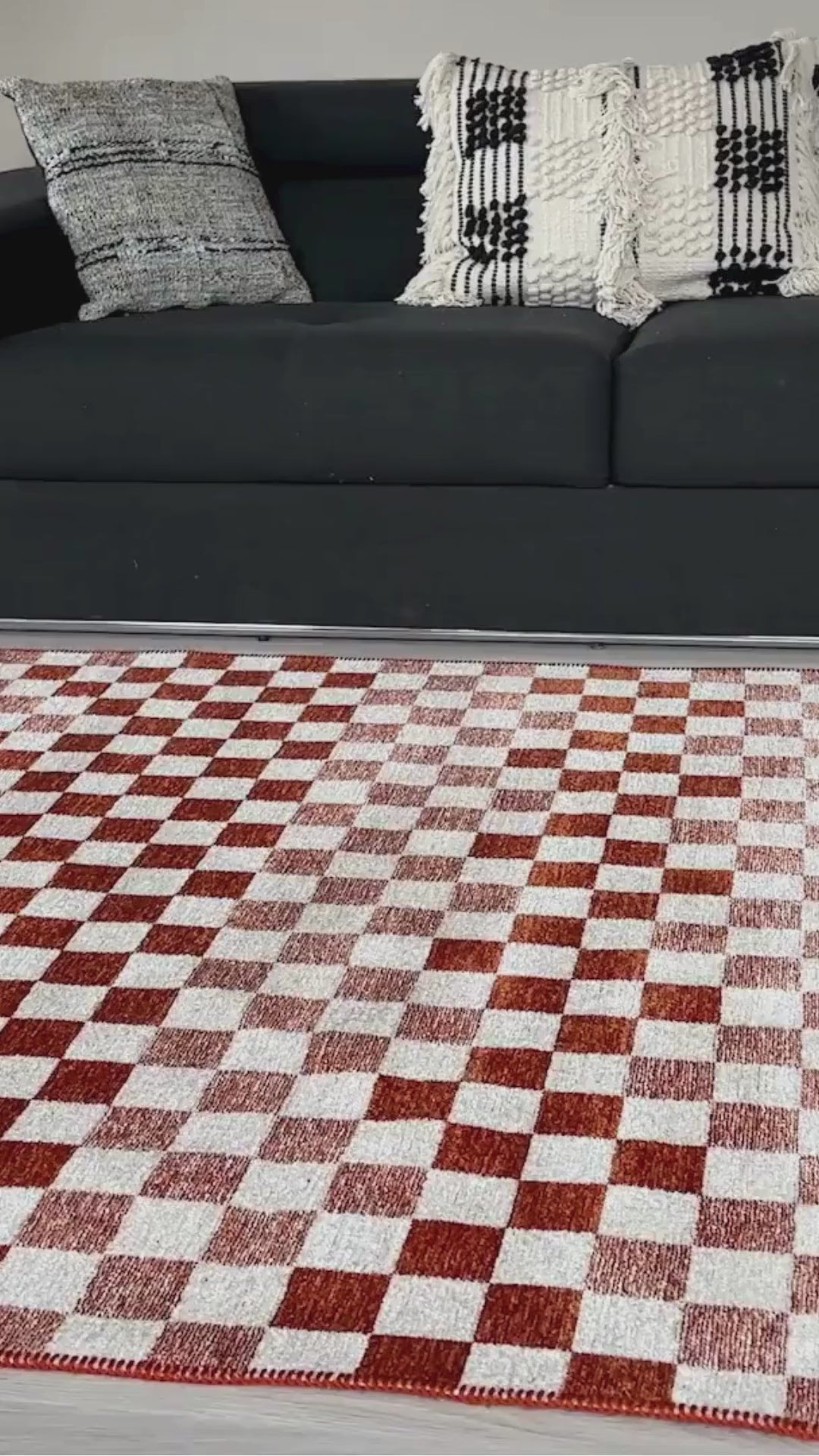 Load video: Orange White Modern Geometric Checkerboard Pattern Washable Rug - YO30035XC