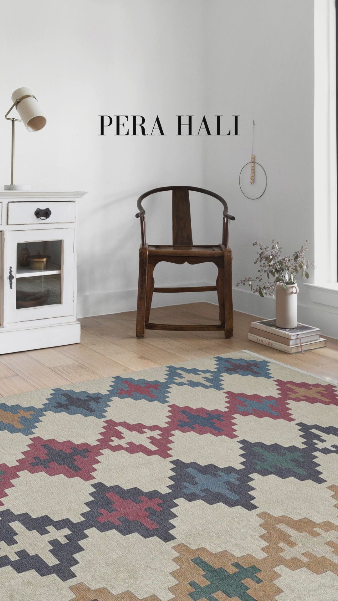 Load video: Pale Pink Cream Beige Geometric Patterned Kilim Rug