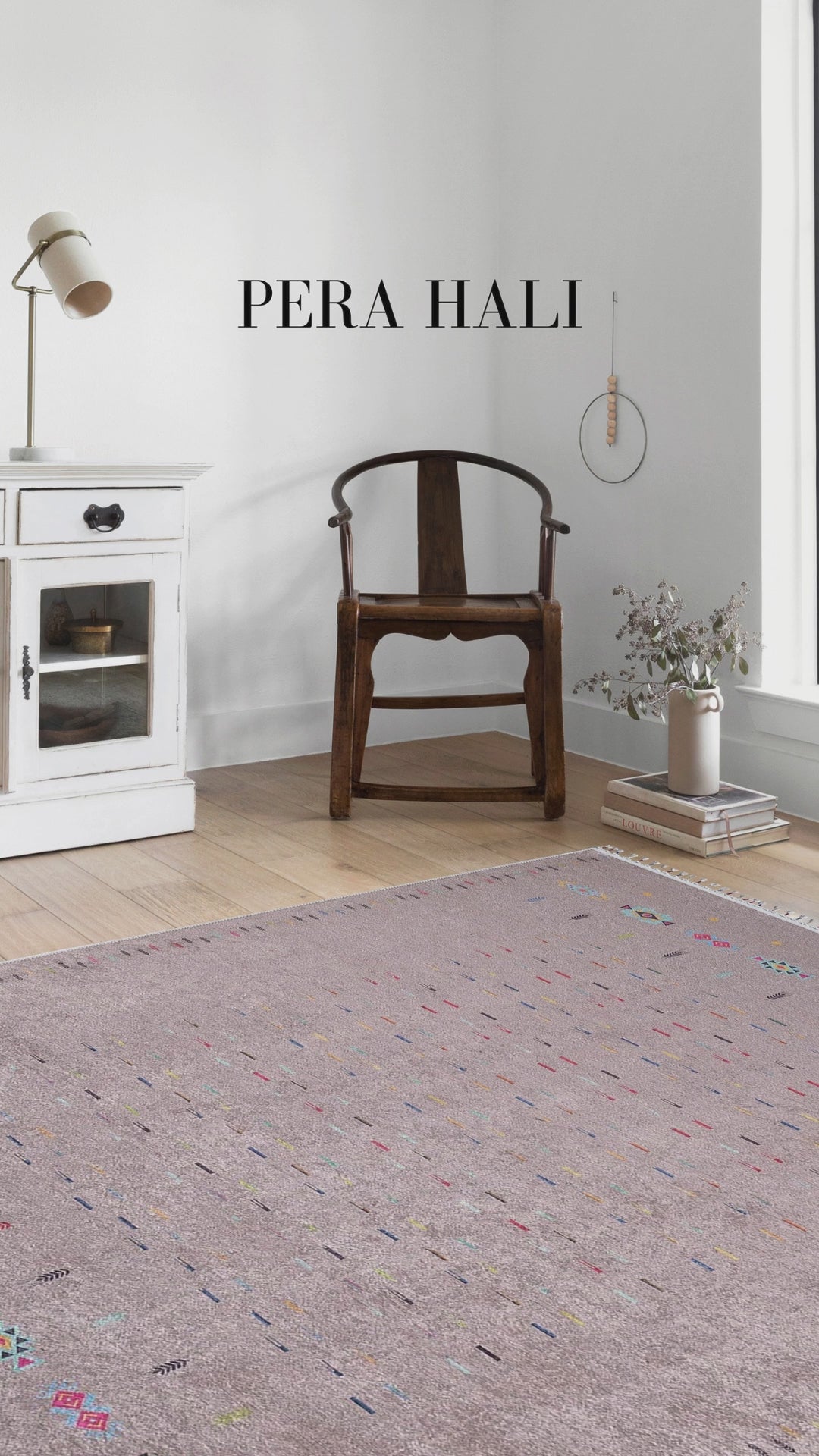 Load video: Pale Pink Cream Beige Geometric Patterned Kilim Rug