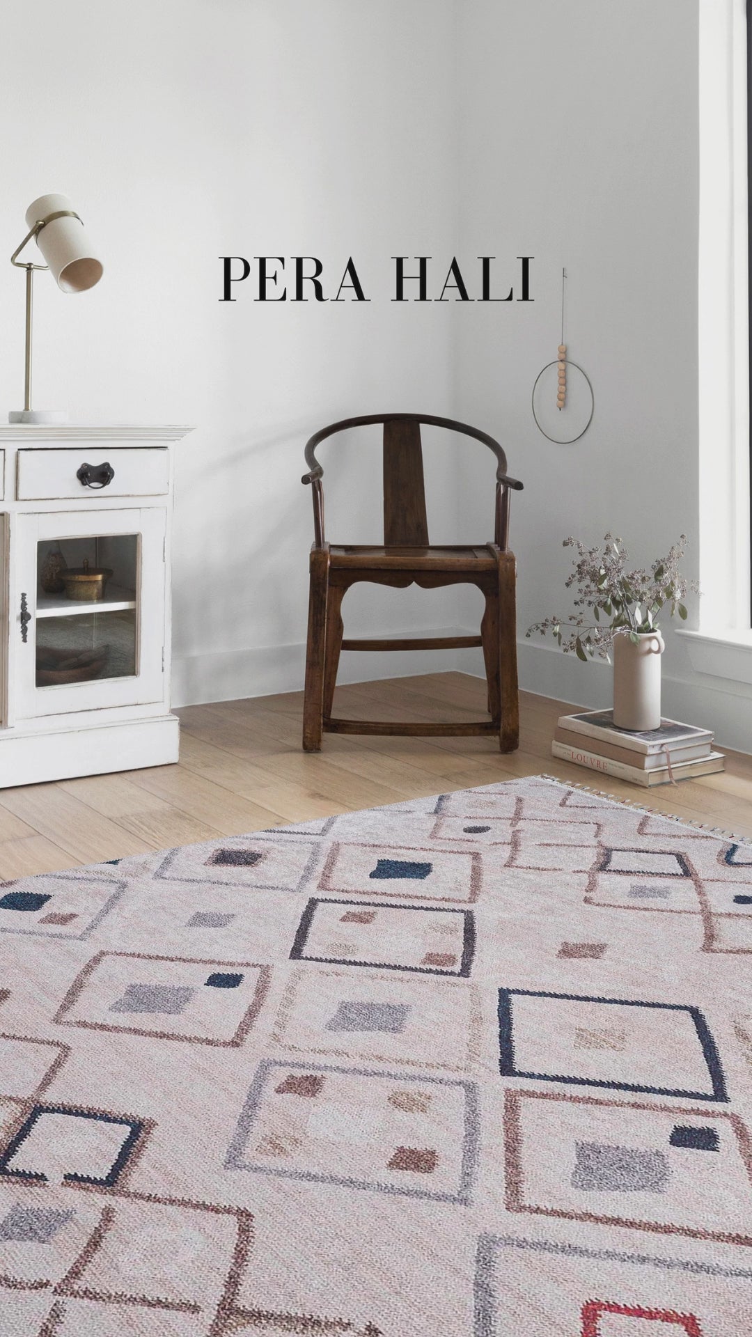 Load video: Pale Pink Cream Beige Geometric Patterned Kilim Rug