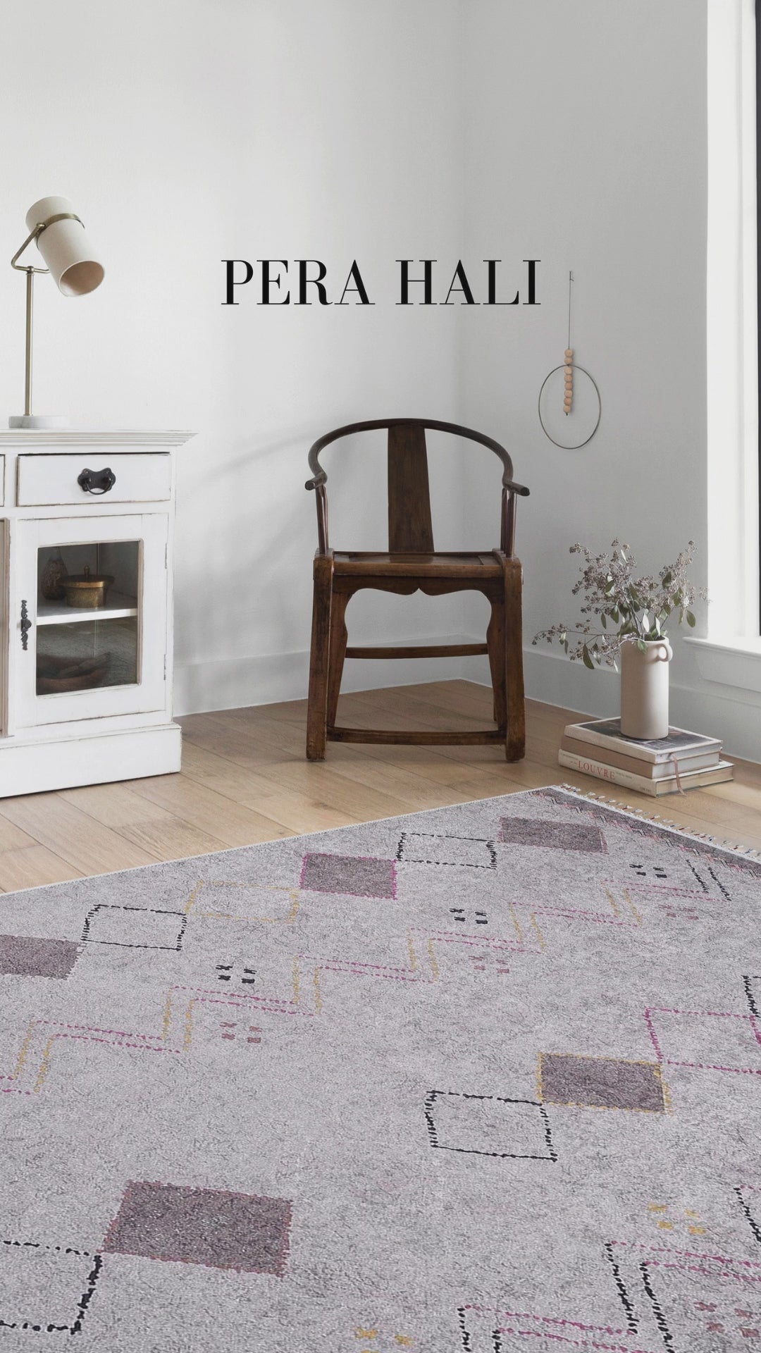 Load video: Pale Pink Cream Beige Geometric Patterned Kilim Rug