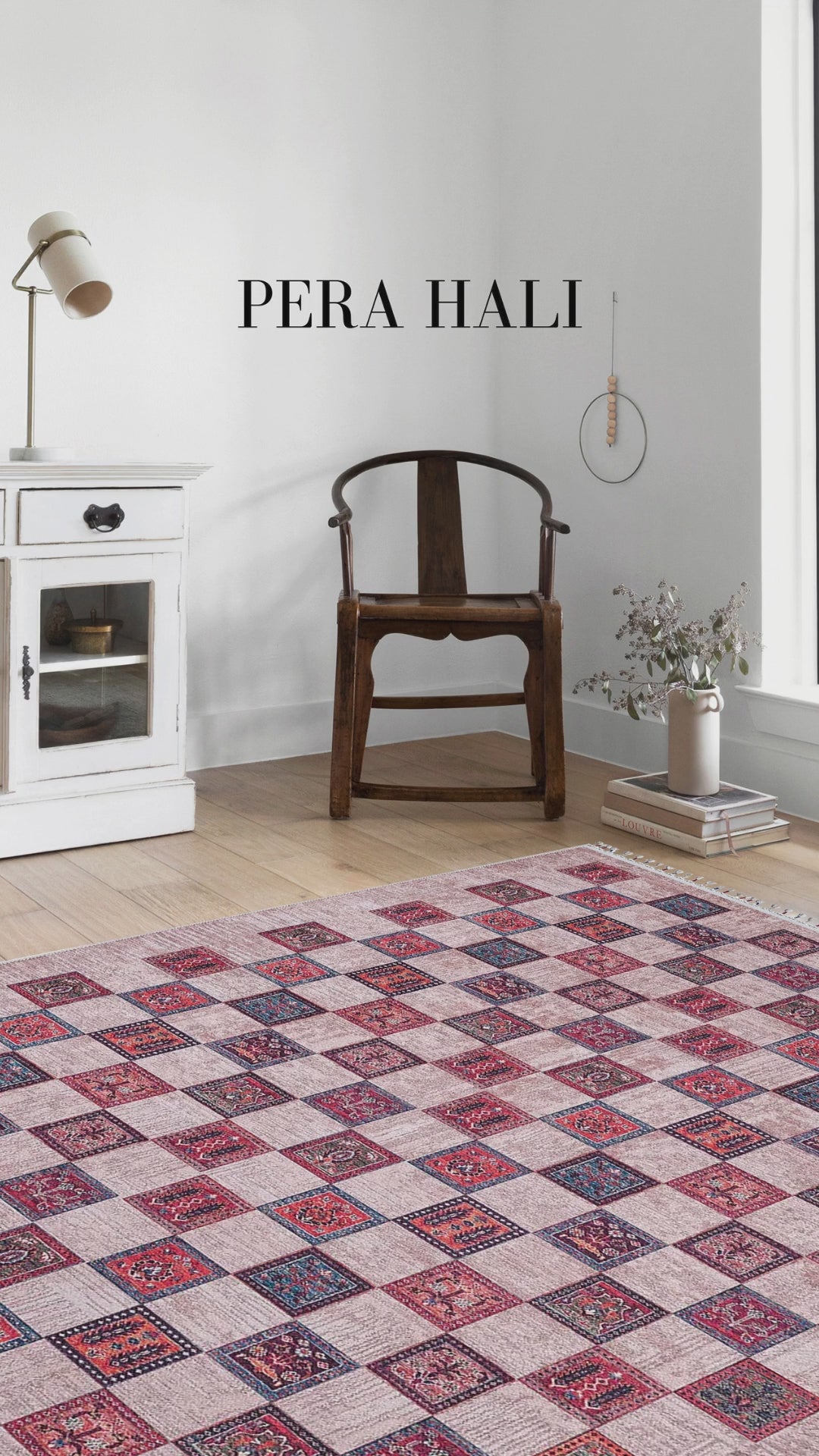 Load video: Pale Pink Cream Beige Geometric Patterned Kilim Rug