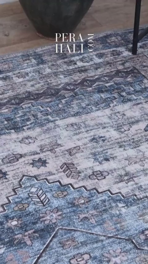 Uşak Blue Red Vintage Kilim Carpet