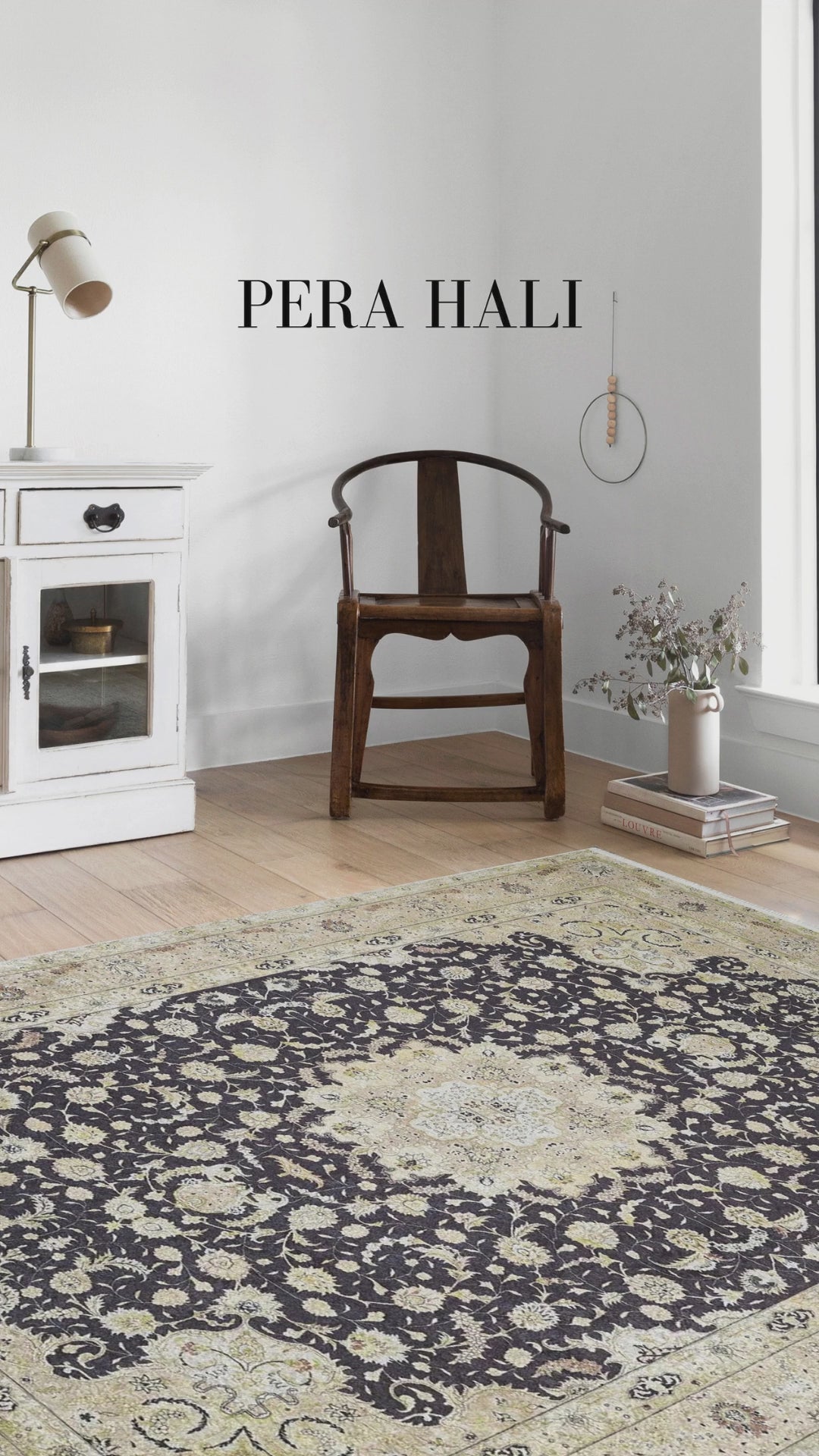 Load video: Floral Traditional Black Beige Vintage Rug - SH1928SB