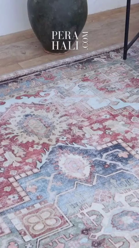 Uşak Blue Red Vintage Kilim Carpet