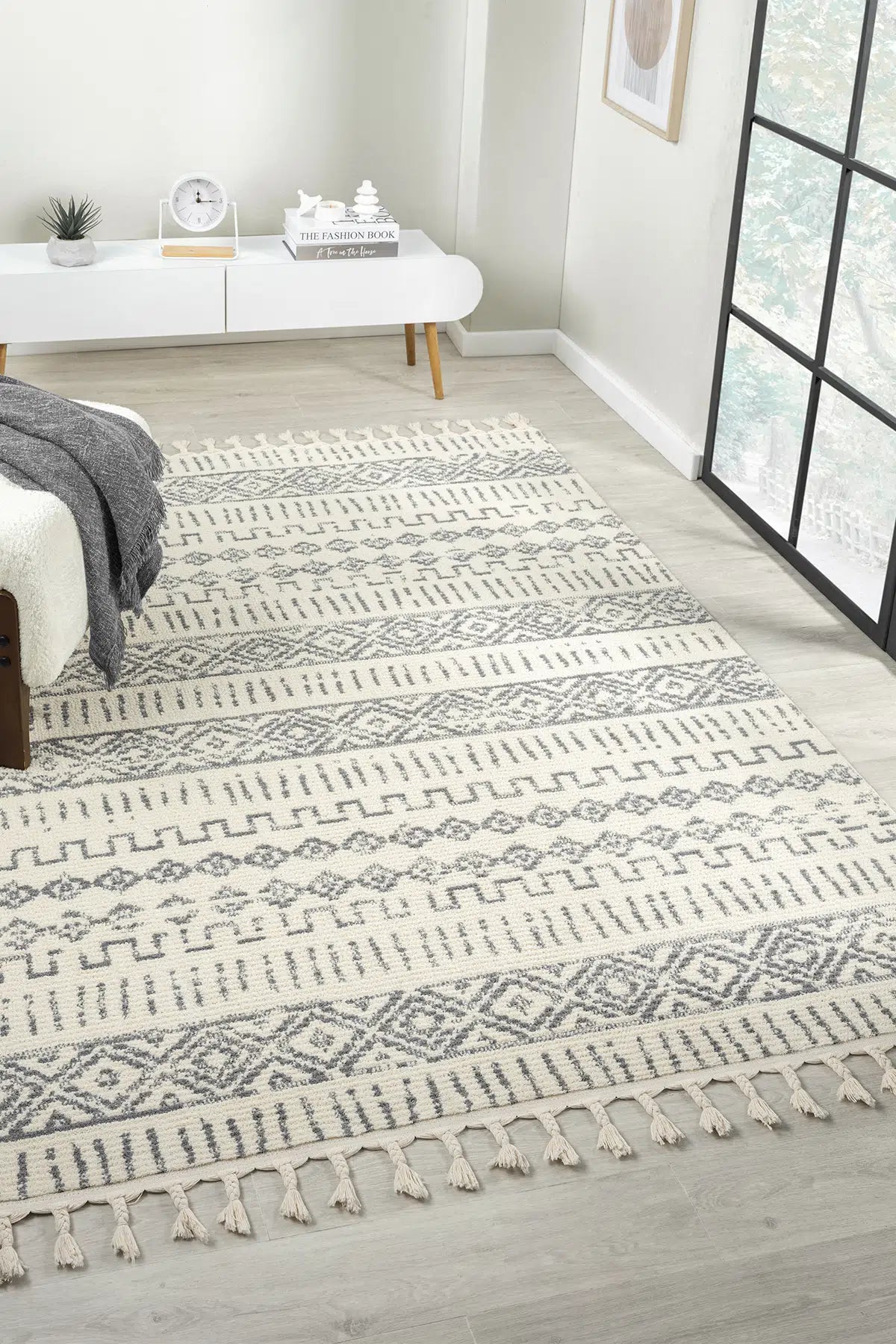Krem-Gri Yumuşak Dokulu Modern Peluş Halı - 1005KP