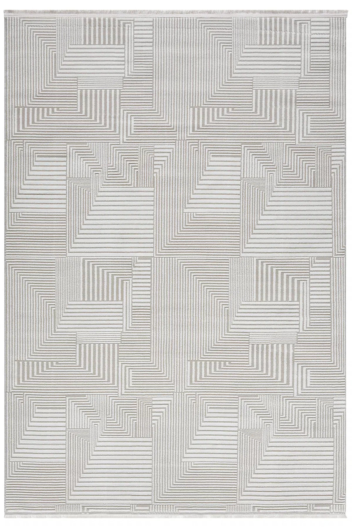 Bej Kabartmalı Geometrik Blok Desenli Modern Halı 160x230 cm