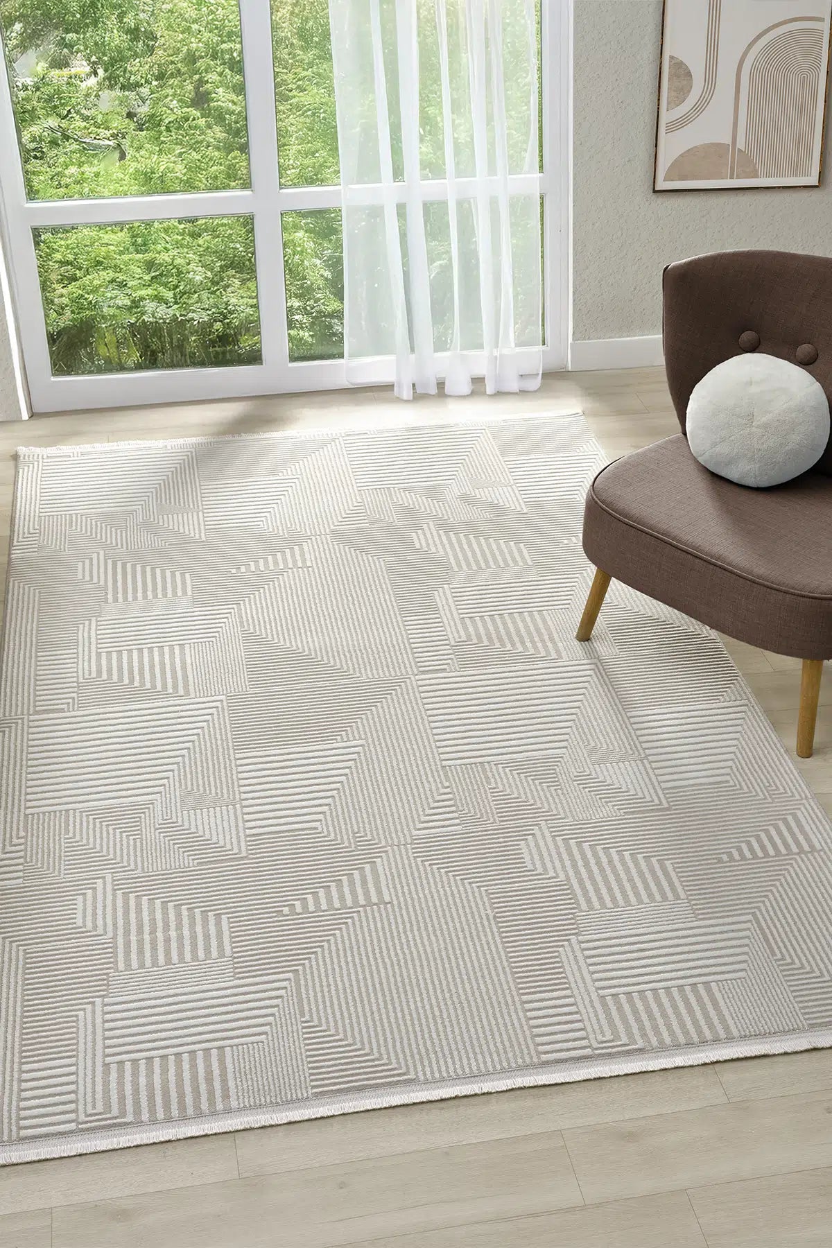 Bej Kabartmalı Geometrik Blok Desenli Modern Halı 200x290 cm