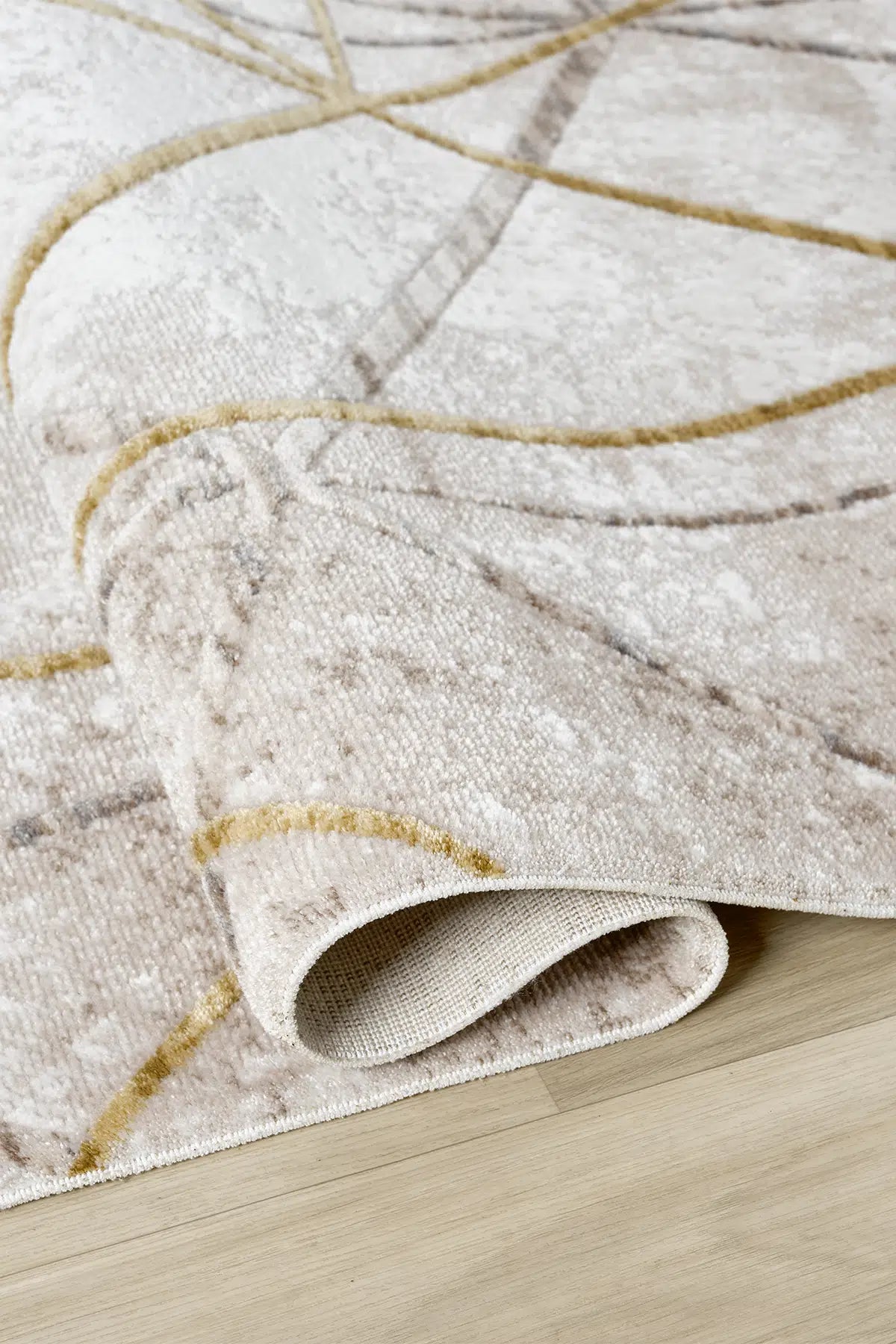 Krem Gold Geometrik Çizgi Desenli Modern Halı 240x340 cm