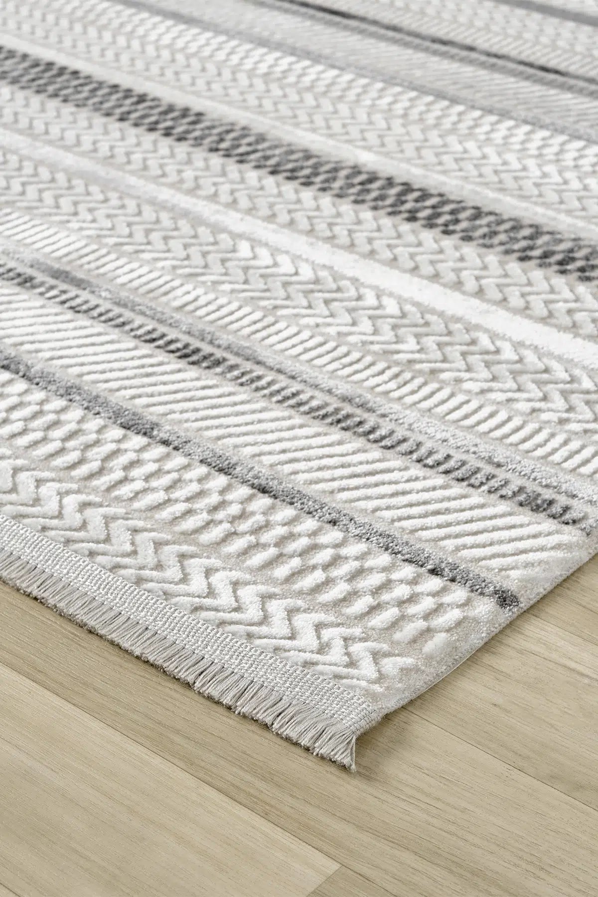 Krem Gri Yatay Çizgili Modern Halı