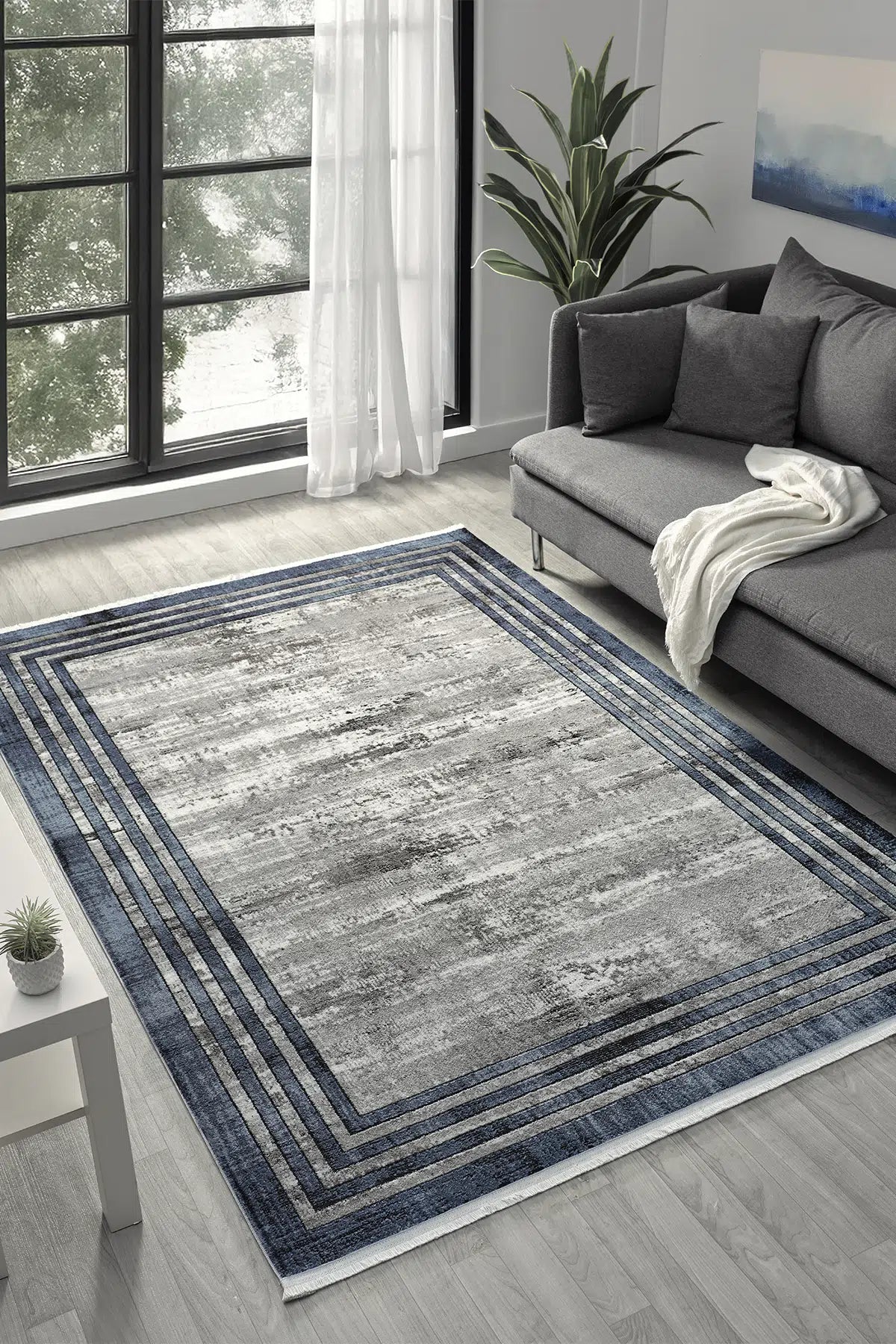 Gri Mavi Bordürlü Eskitme Vintage Halı 200x290 cm