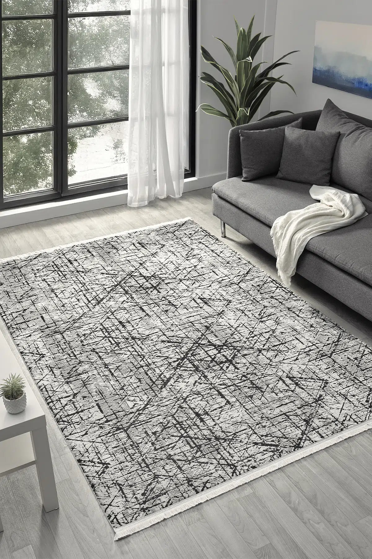 Gri Siyah Soyut Çizgi Desenli Modern Halı 200x290 cm