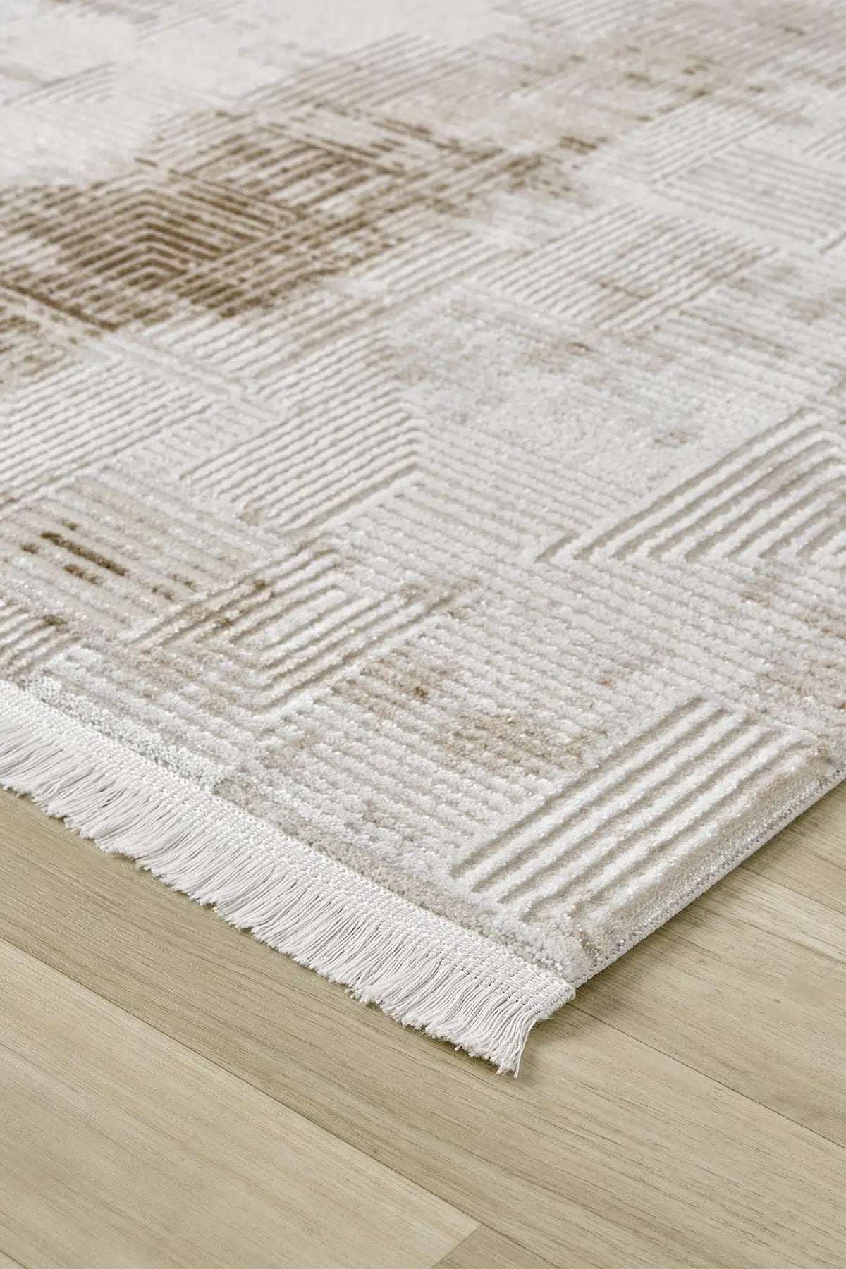 Krem Kahve Eskitme Soyut Desenli Modern Halı