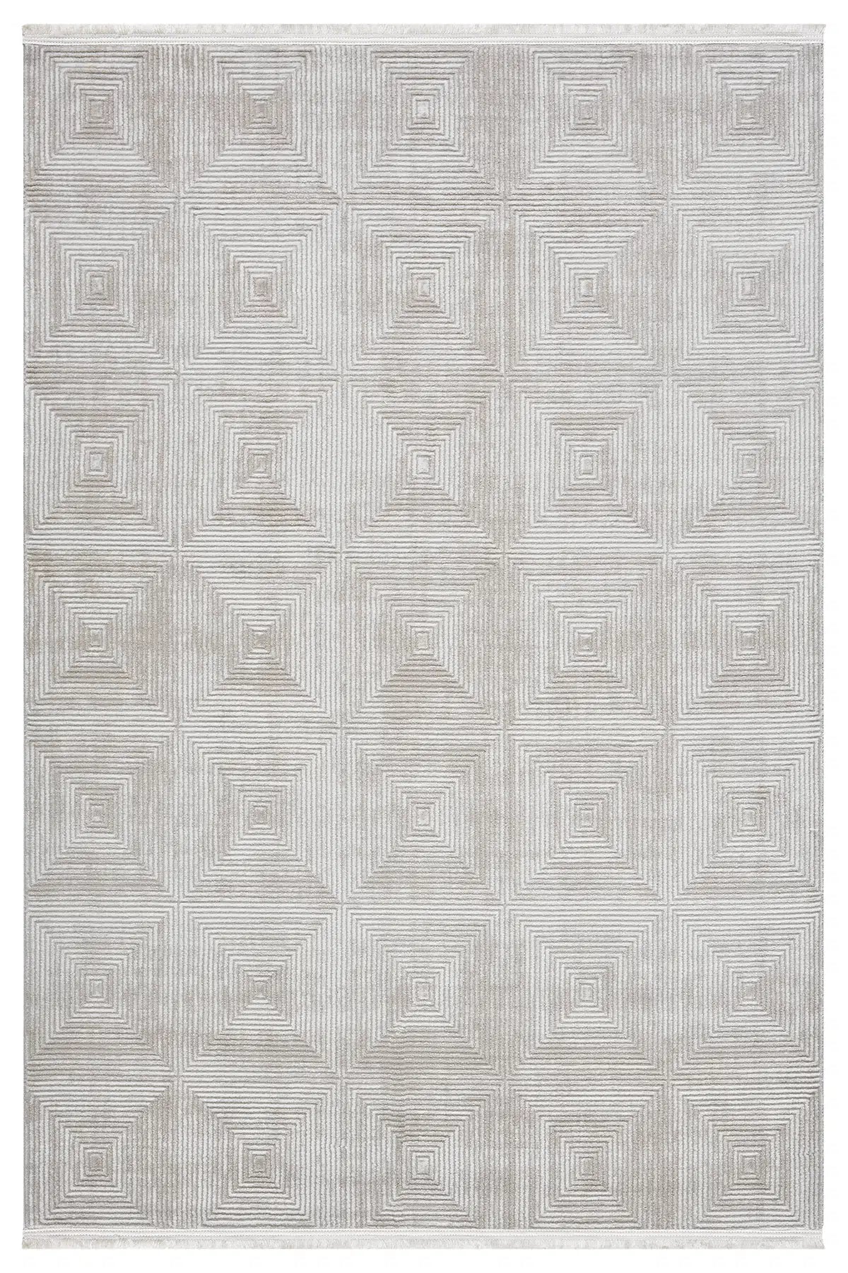 Kemik Gri Geometrik Kare Desenli Modern Halı 160x230 cm