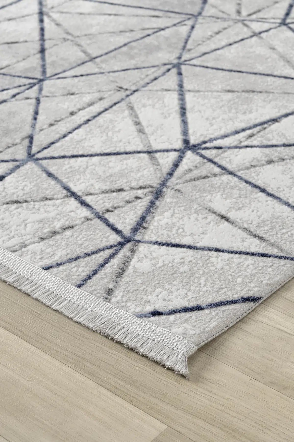 Gri Mavi Geometrik Çizgi Desenli Modern Halı