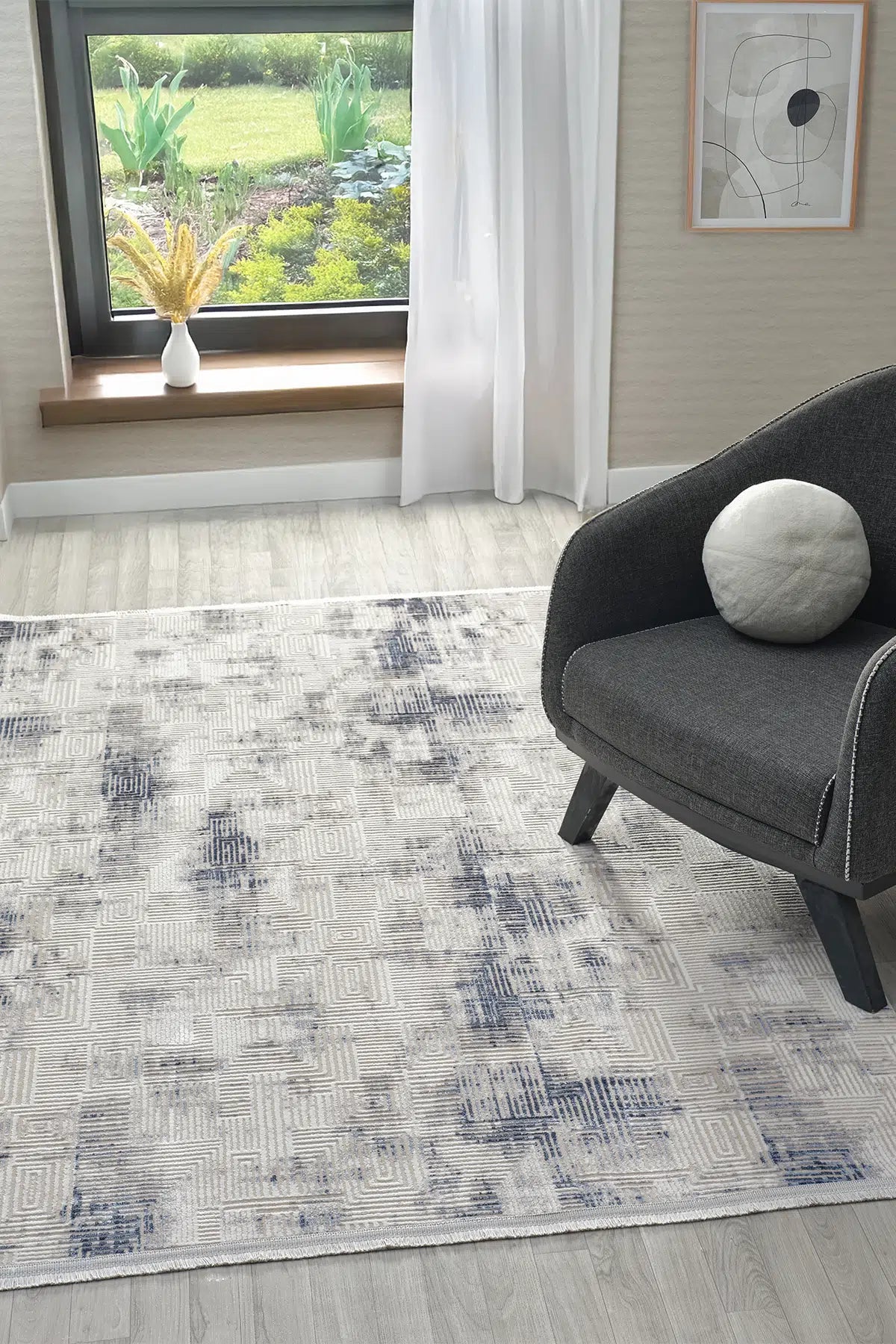 Krem Mavi Eskitme Soyut Desenli Modern Halı 200x290 cm